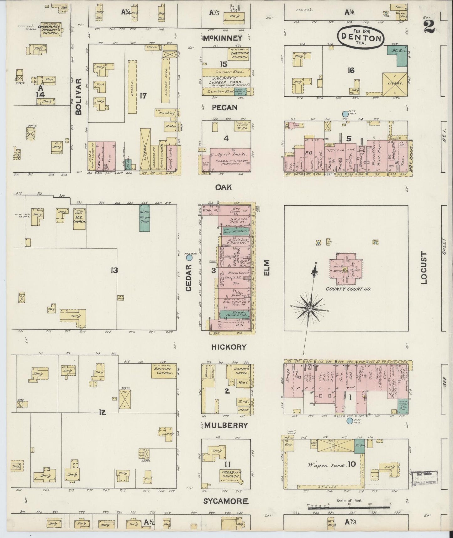 Sanborn Fire Insurance Map from Denton, Denton County, Texas (1891), Sheet #0002 - Complete Map Set gallery image, historic Sanborn map, vintage wall art, Texas Texas