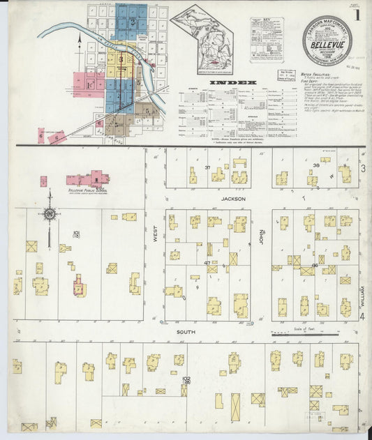 Sanborn Fire Insurance Map from Bellevue, Eaton County, Michigan (1916), Sheet #0001 - Historic Sanborn Fire Insurance Map Print, vintage old map wall art, antique decor, genealogy gift, Michigan Michigan map