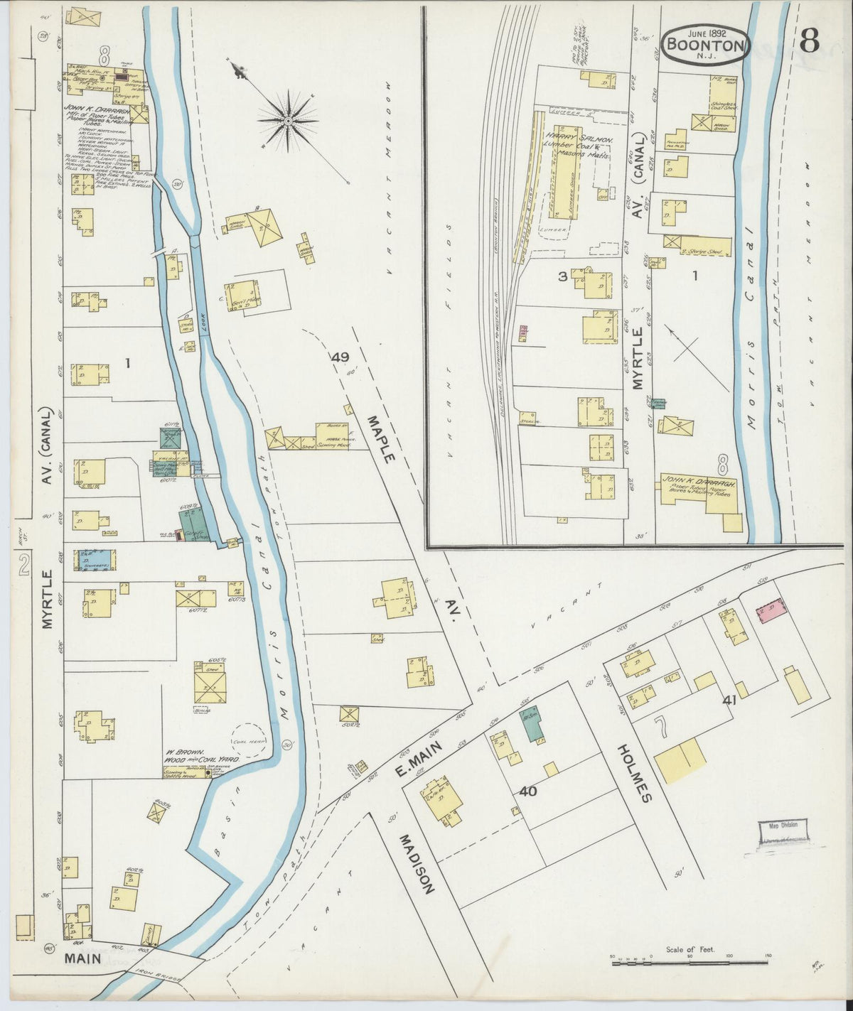 Sanborn Fire Insurance Map from Boonton, Morris County, New Jersey (1892), Sheet #0008 - Historic Sanborn Fire Insurance Map Print, vintage old map wall art, antique decor, genealogy gift, New Jersey New Jersey map