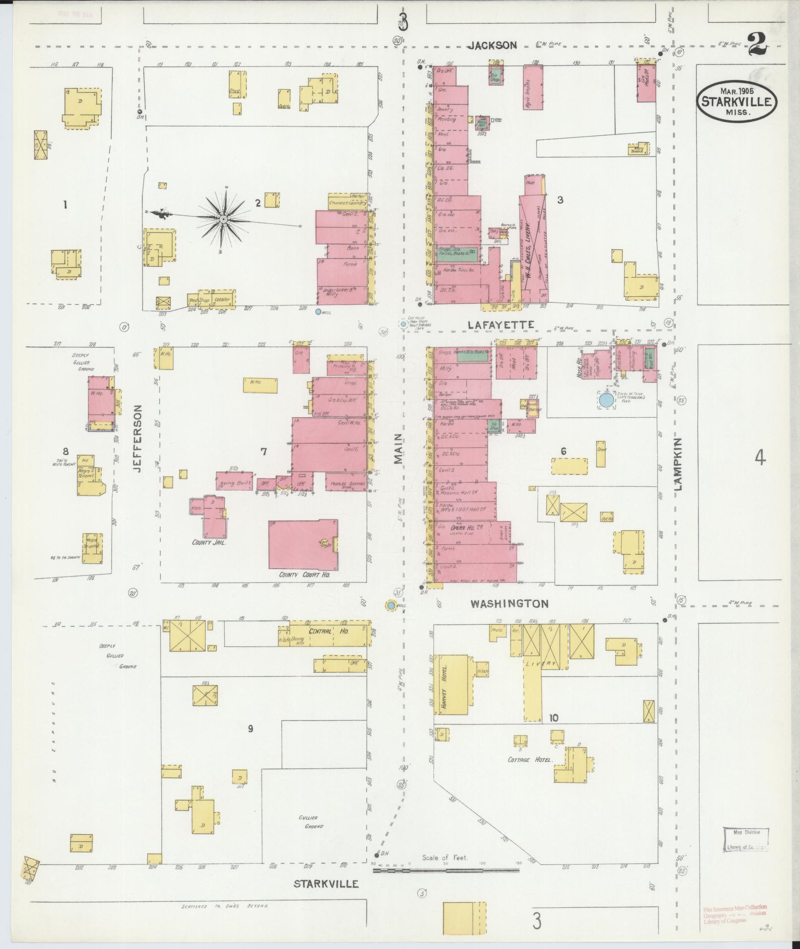 Sanborn Fire Insurance Map from Starkville, Oktibbeha County, Mississippi (1905), Sheet #0002 - Historic Sanborn Fire Insurance Map Print, vintage old map wall art, antique decor, genealogy gift, Mississippi Mississippi map