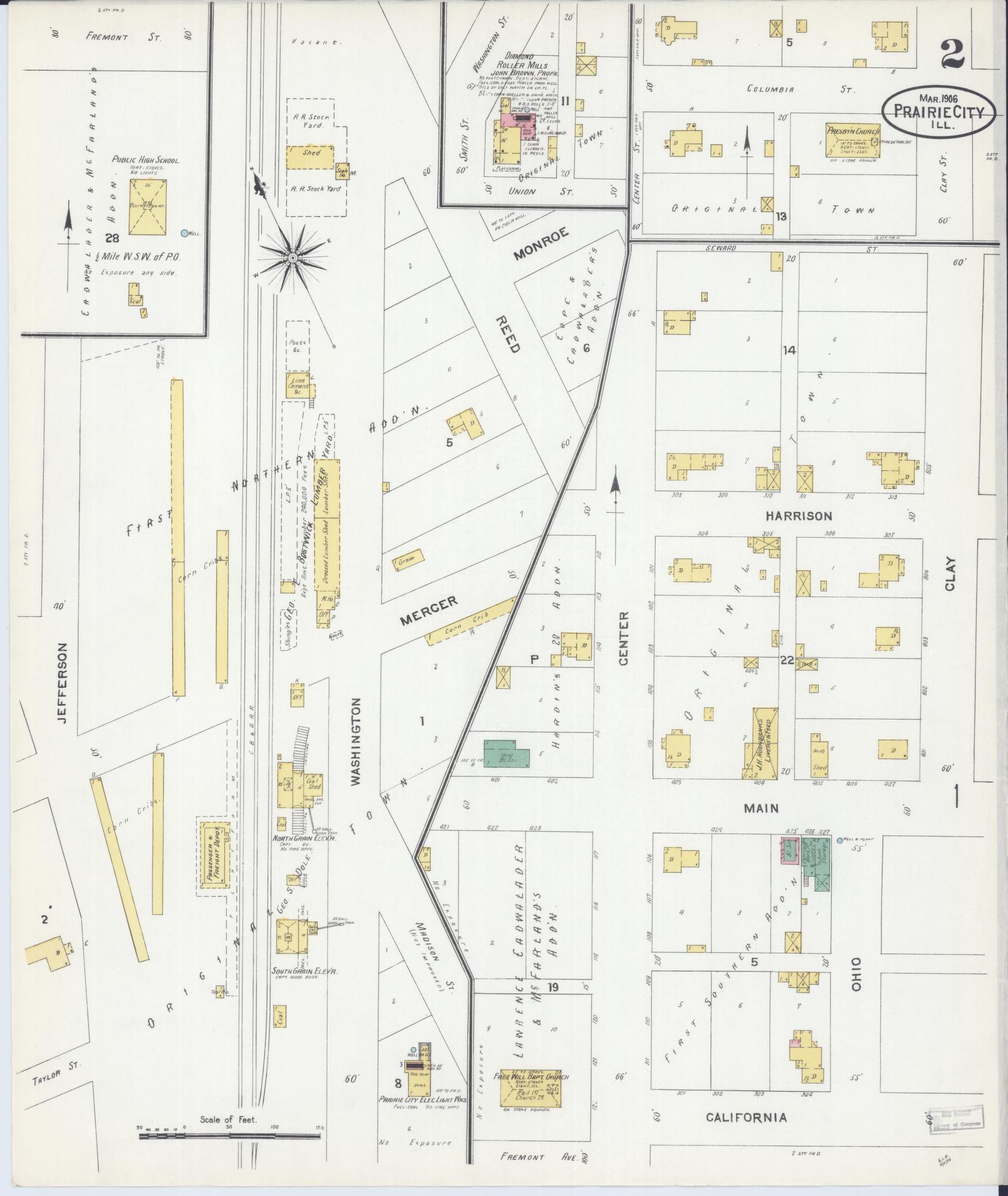 Sanborn Fire Insurance Map from Prairie City, Mcdonough County, Illinois (1906), Sheet #0002 - Complete Map Set gallery image, historic Sanborn map, vintage wall art, Illinois Illinois