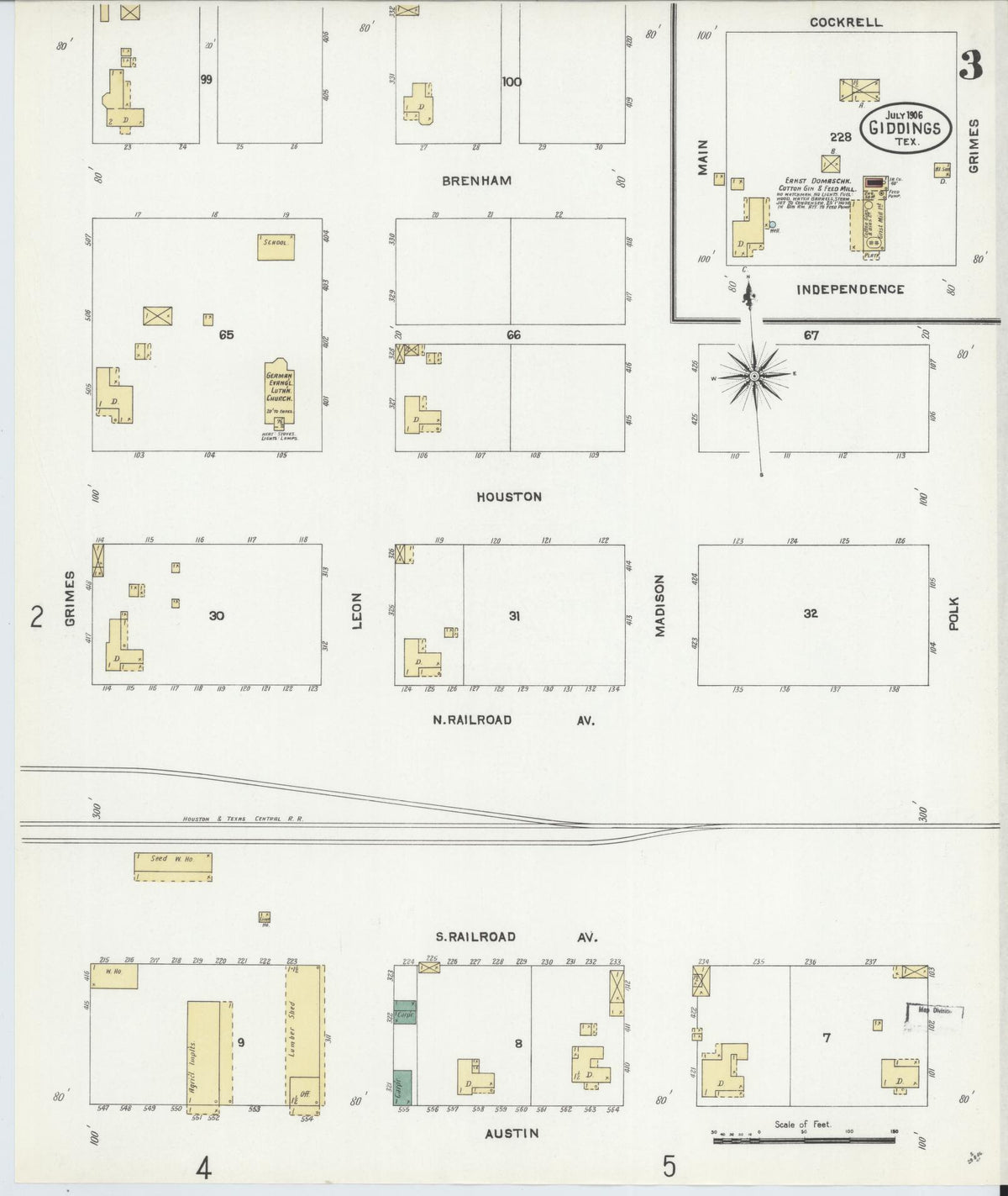Sanborn Fire Insurance Map from Giddings, Lee County, Texas (1906), Sheet #0003 - Historic Sanborn Fire Insurance Map Print, vintage old map wall art, antique decor, genealogy gift, Texas Texas map