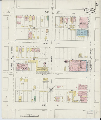Sanborn Fire Insurance Map from Pueblo, Pueblo County, Colorado (1889), Sheet #0009 - Complete Map Set gallery image, historic Sanborn map, vintage wall art, Colorado Colorado