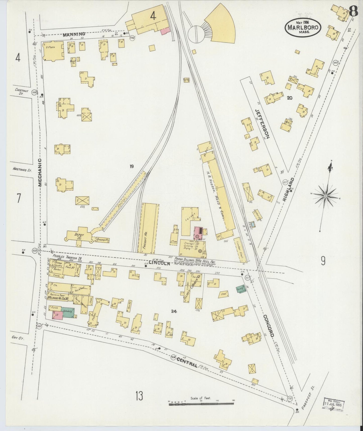 Sanborn Fire Insurance Map from Marlborough, Middlesex County, Massachusetts (1906), Sheet #0008 - Complete Map Set gallery image, historic Sanborn map, vintage wall art, Massachusetts Massachusetts
