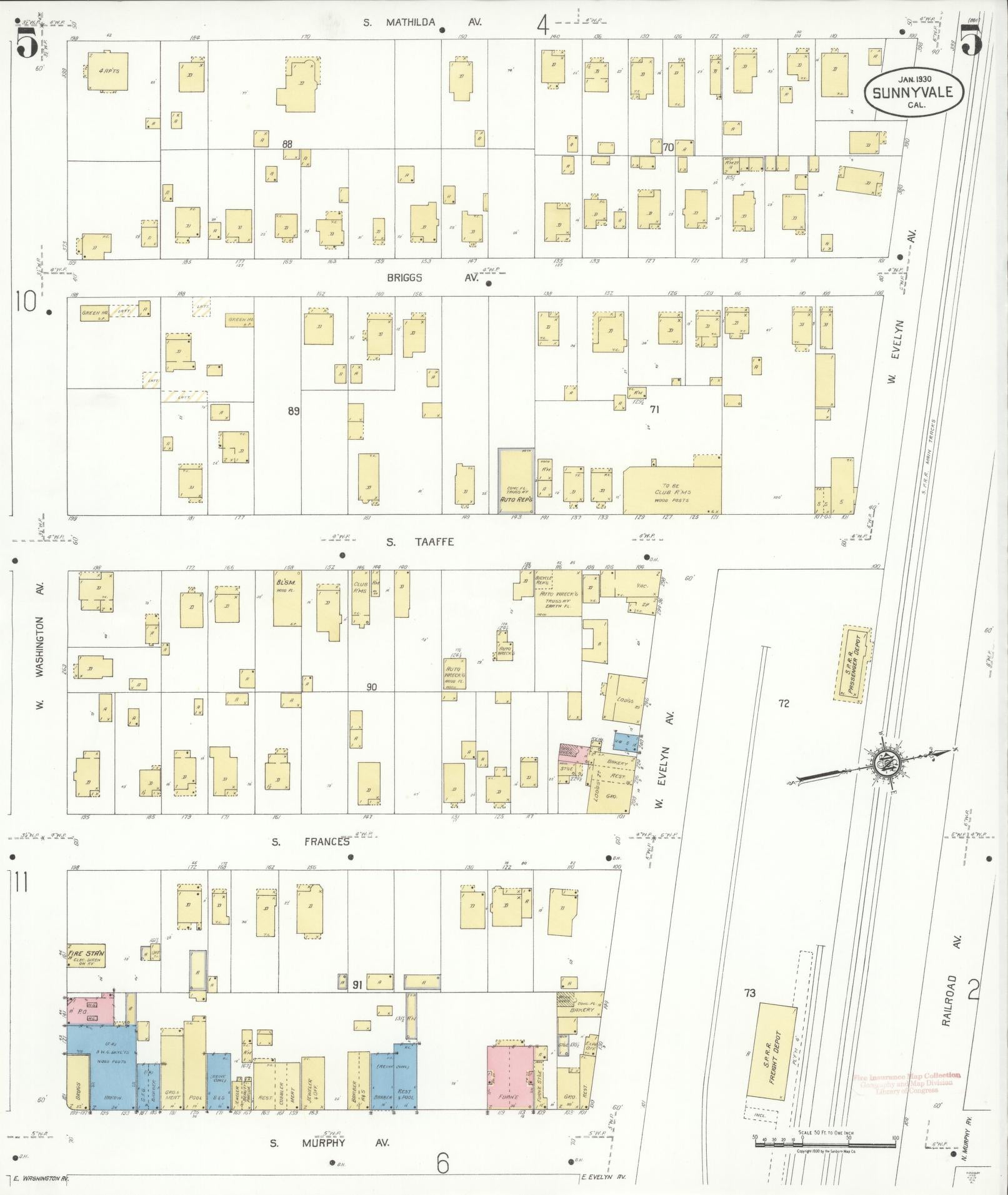 Sanborn Fire Insurance Map from Sunnyvale, Santa Clara County, California (1930), Sheet #0005 - Complete Map Set gallery image, historic Sanborn map, vintage wall art, California California