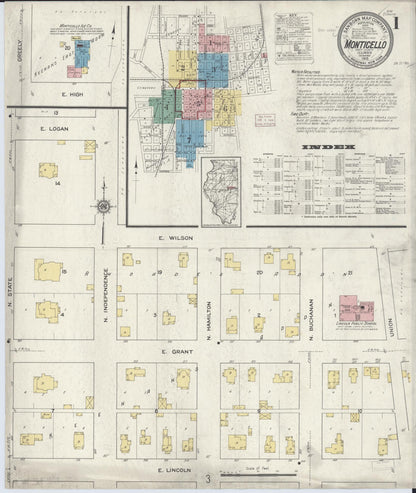 Sanborn Fire Insurance Map from Monticello, Piatt County, Illinois (1915), Sheet #0001 - Complete Map Set gallery image, historic Sanborn map, vintage wall art, Illinois Illinois