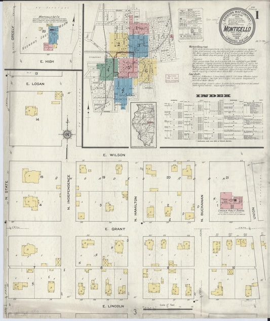 Sanborn Fire Insurance Map from Monticello, Piatt County, Illinois (1915), Sheet #0001 - Complete Map Set gallery image, historic Sanborn map, vintage wall art, Illinois Illinois