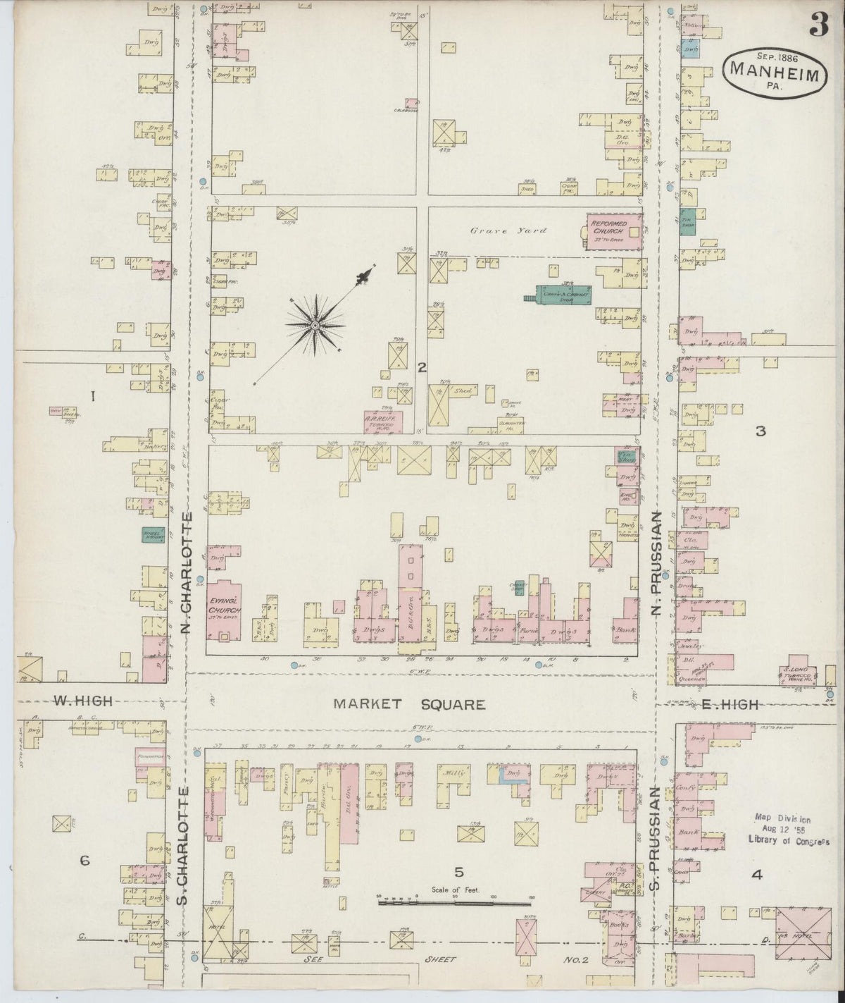 Sanborn Fire Insurance Map from Manheim, Lancaster County, Pennsylvania (1886), Sheet #0003 - Complete Map Set gallery image, historic Sanborn map, vintage wall art, Pennsylvania Pennsylvania