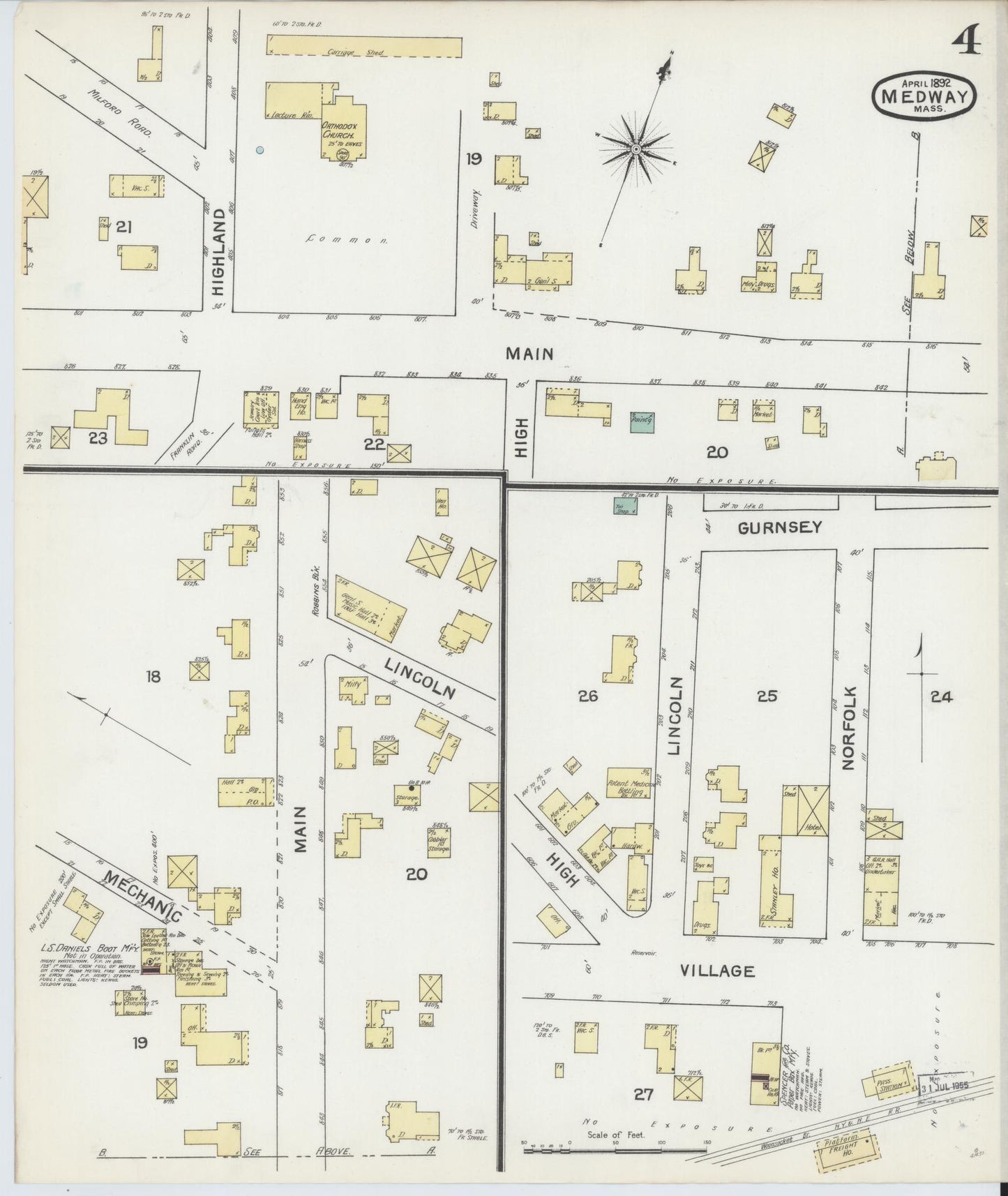 Sanborn Fire Insurance Map from Medway, Norfolk County, Massachusetts (1892), Sheet #0004 - Complete Map Set gallery image, historic Sanborn map, vintage wall art, Massachusetts Massachusetts