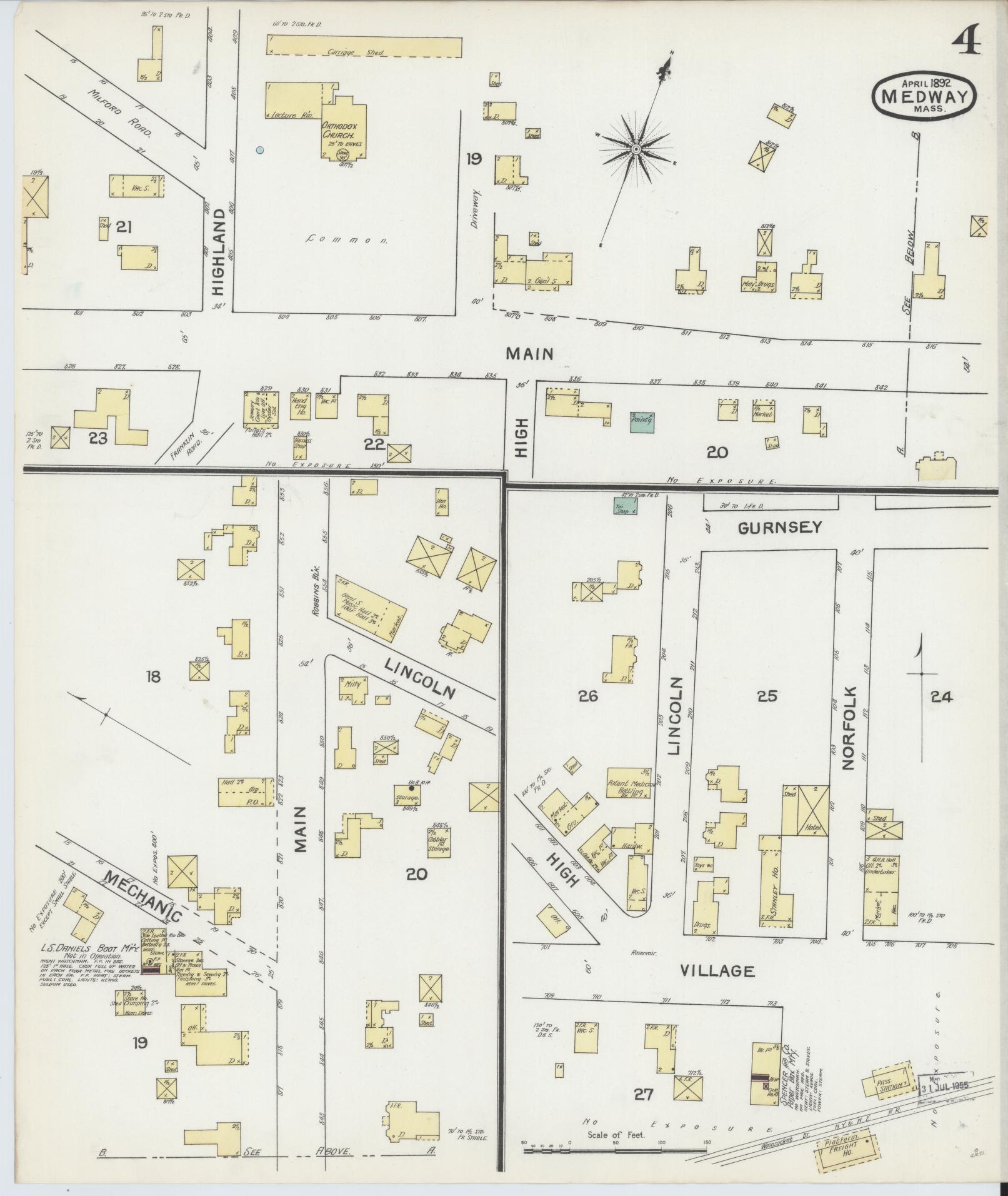 Sanborn Fire Insurance Map from Medway, Norfolk County, Massachusetts (1892), Sheet #0004 - Complete Map Set gallery image, historic Sanborn map, vintage wall art, Massachusetts Massachusetts