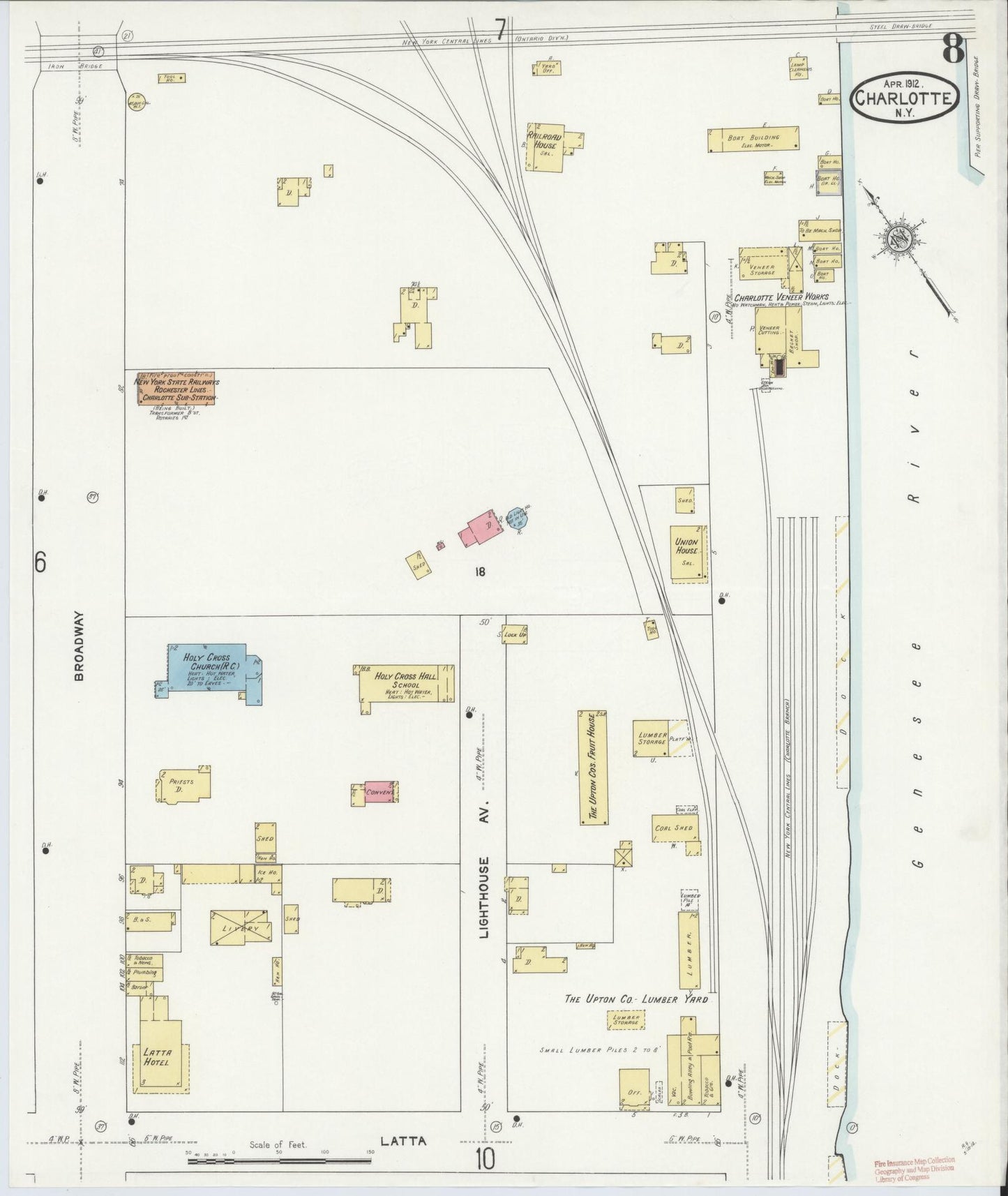 Sanborn Fire Insurance Map from Charlotte, Monroe County, New York (1912), Sheet #0008 - Historic Sanborn Fire Insurance Map Print, vintage old map wall art, antique decor, genealogy gift, New York New York map