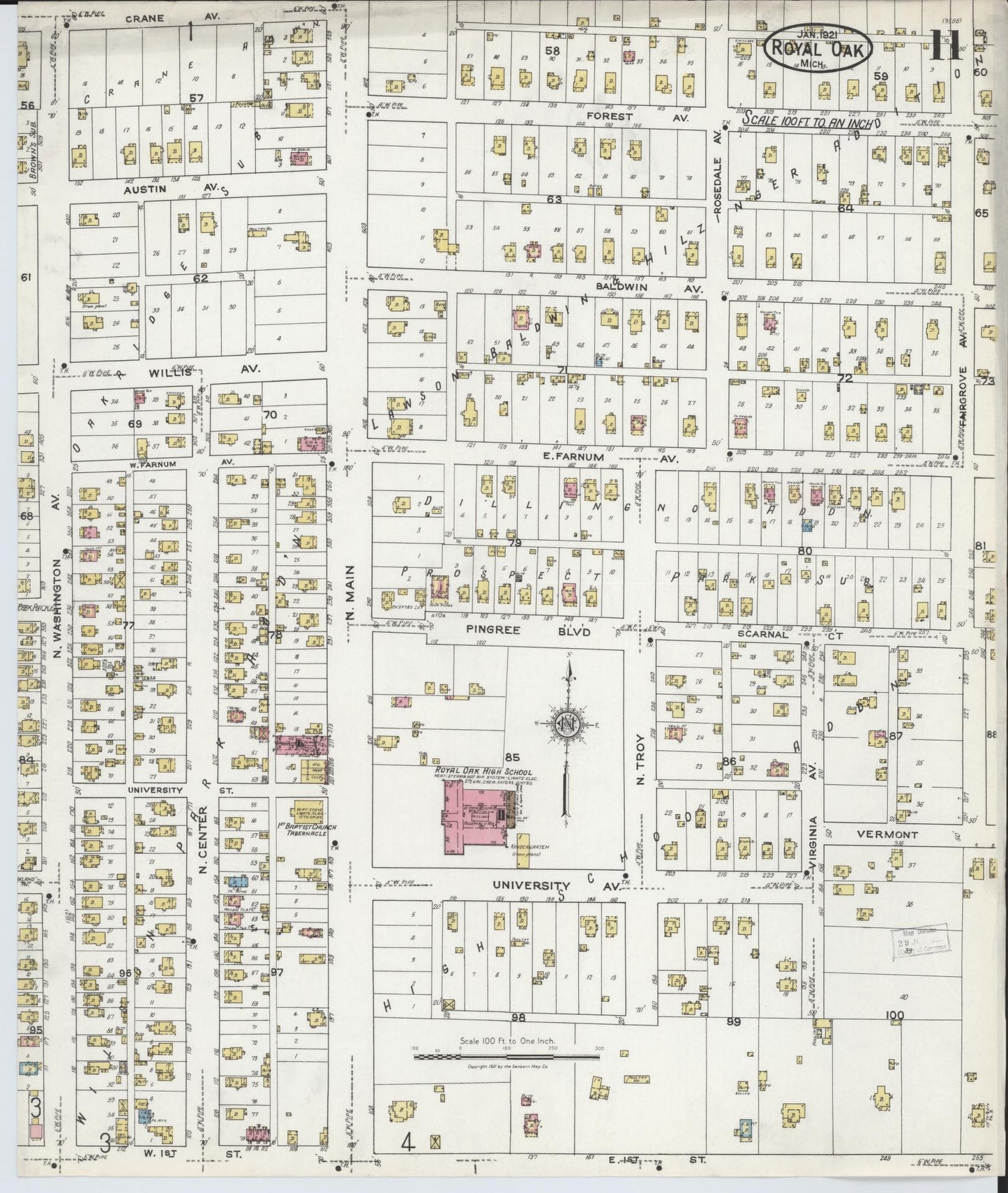 Sanborn Fire Insurance Map from Royal Oak, Oakland County, Michigan (1921), Sheet #0011 - Complete Map Set gallery image, historic Sanborn map, vintage wall art, Michigan Michigan