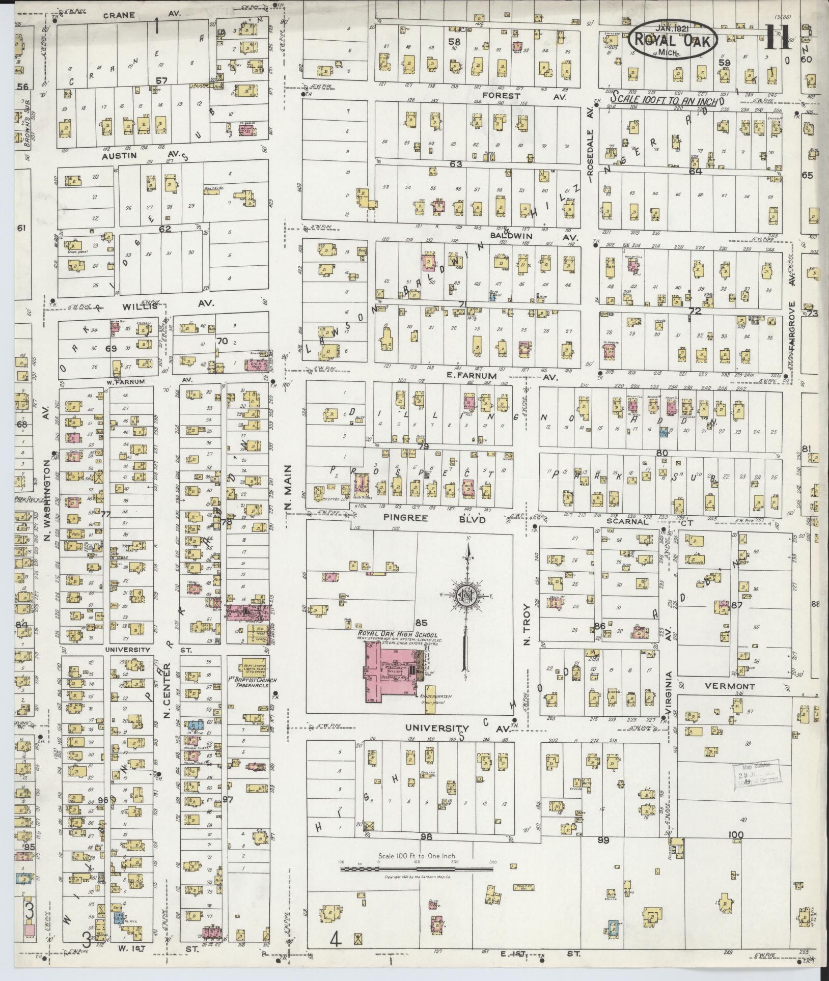 Sanborn Fire Insurance Map from Royal Oak, Oakland County, Michigan (1921), Sheet #0011 - Complete Map Set gallery image, historic Sanborn map, vintage wall art, Michigan Michigan