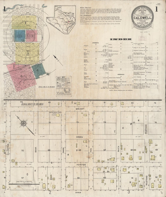 Sanborn Fire Insurance Map from Caldwell, Burleson County, Texas (1925), Sheet #0001 - Historic Sanborn Fire Insurance Map Print, vintage old map wall art, antique decor, genealogy gift, Texas Texas map