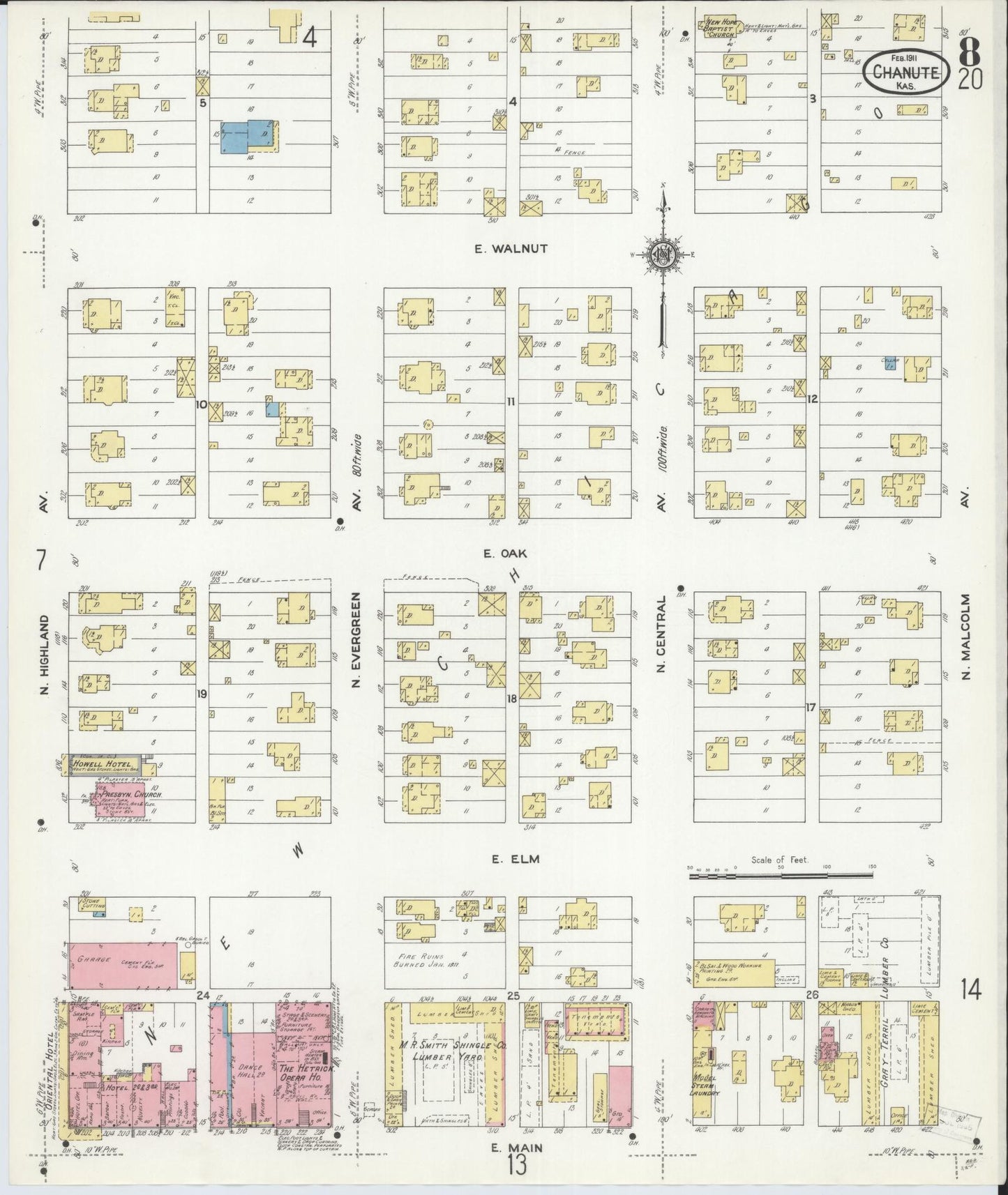 Sanborn Fire Insurance Map from Chanute, Neosho County, Kansas (1911), Sheet #0008 - Complete Map Set gallery image, historic Sanborn map, vintage wall art, Kansas Kansas