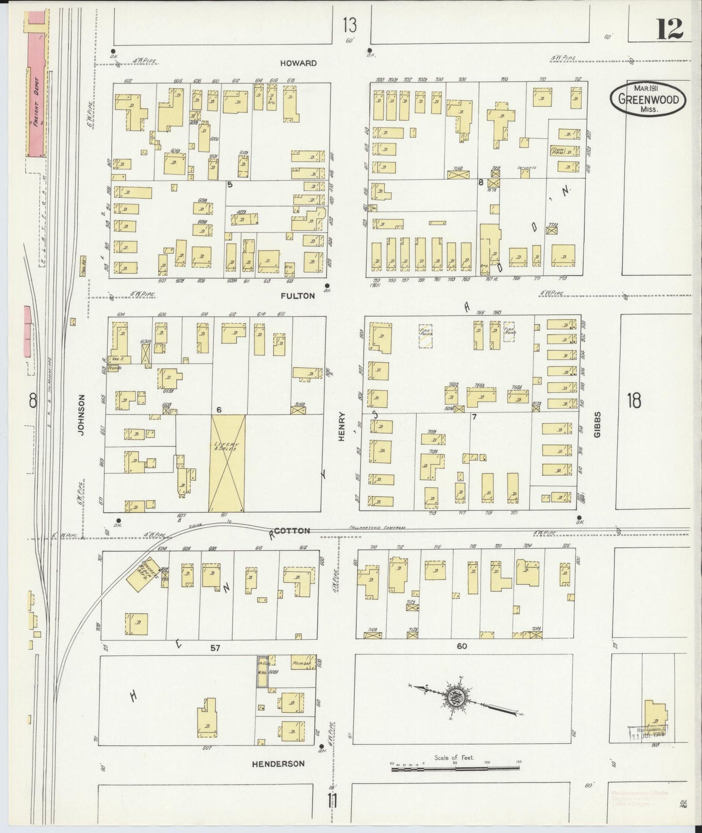 Sanborn Fire Insurance Map from Greenwood, Leflore County, Mississippi (1911), Sheet #0012 - Complete Map Set gallery image, historic Sanborn map, vintage wall art, Mississippi Mississippi