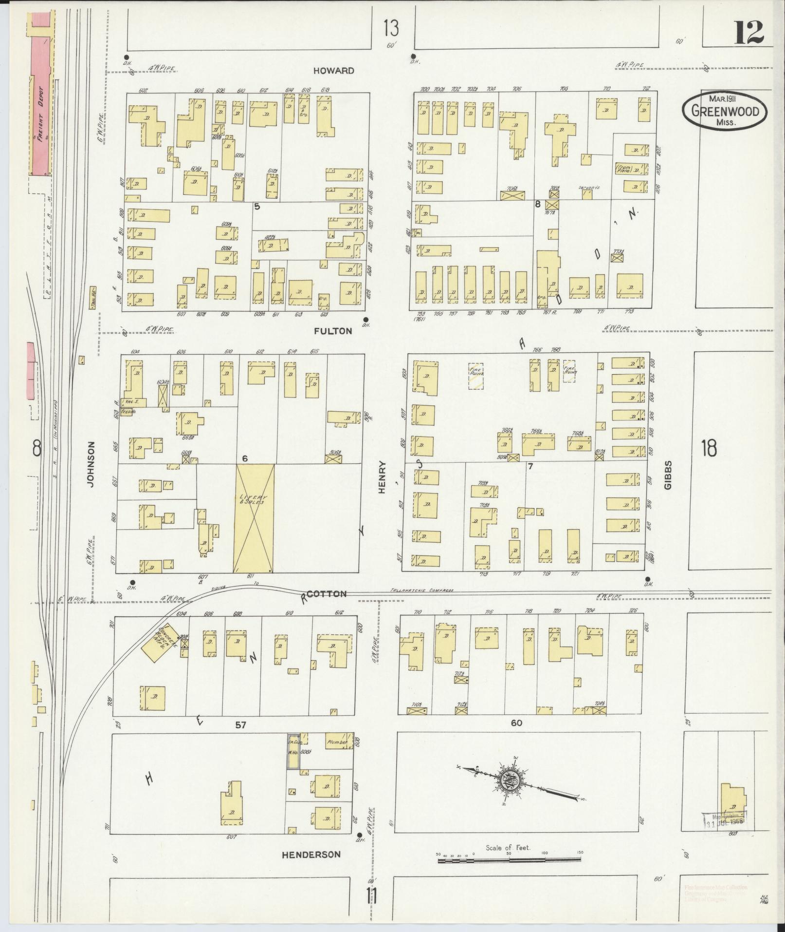 Sanborn Fire Insurance Map from Greenwood, Leflore County, Mississippi (1911), Sheet #0012 - Complete Map Set gallery image, historic Sanborn map, vintage wall art, Mississippi Mississippi
