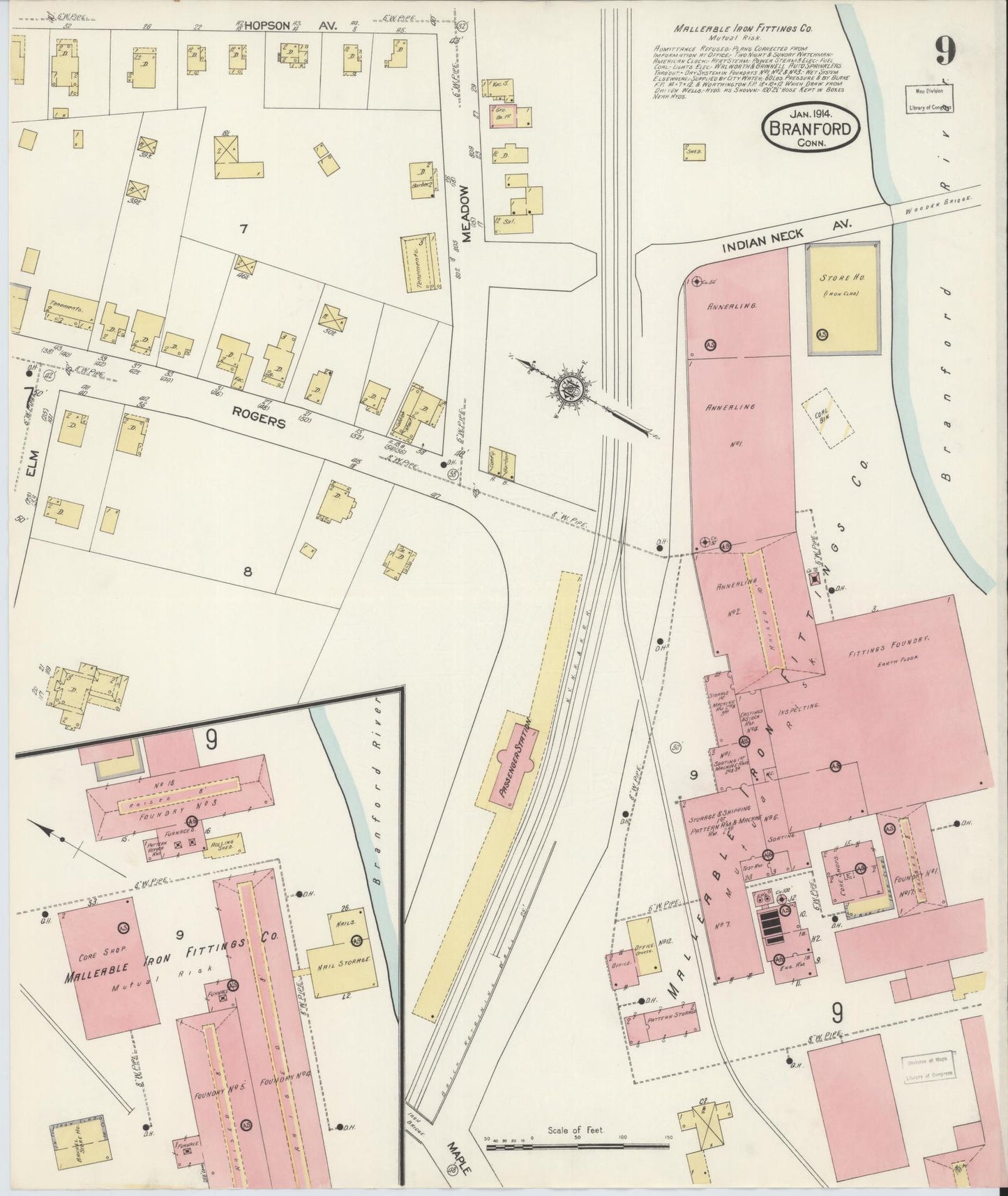 Sanborn Fire Insurance Map from Branford, New Haven County, Connecticut (1914), Sheet #0009 - Complete Map Set gallery image, historic Sanborn map, vintage wall art, Connecticut Connecticut