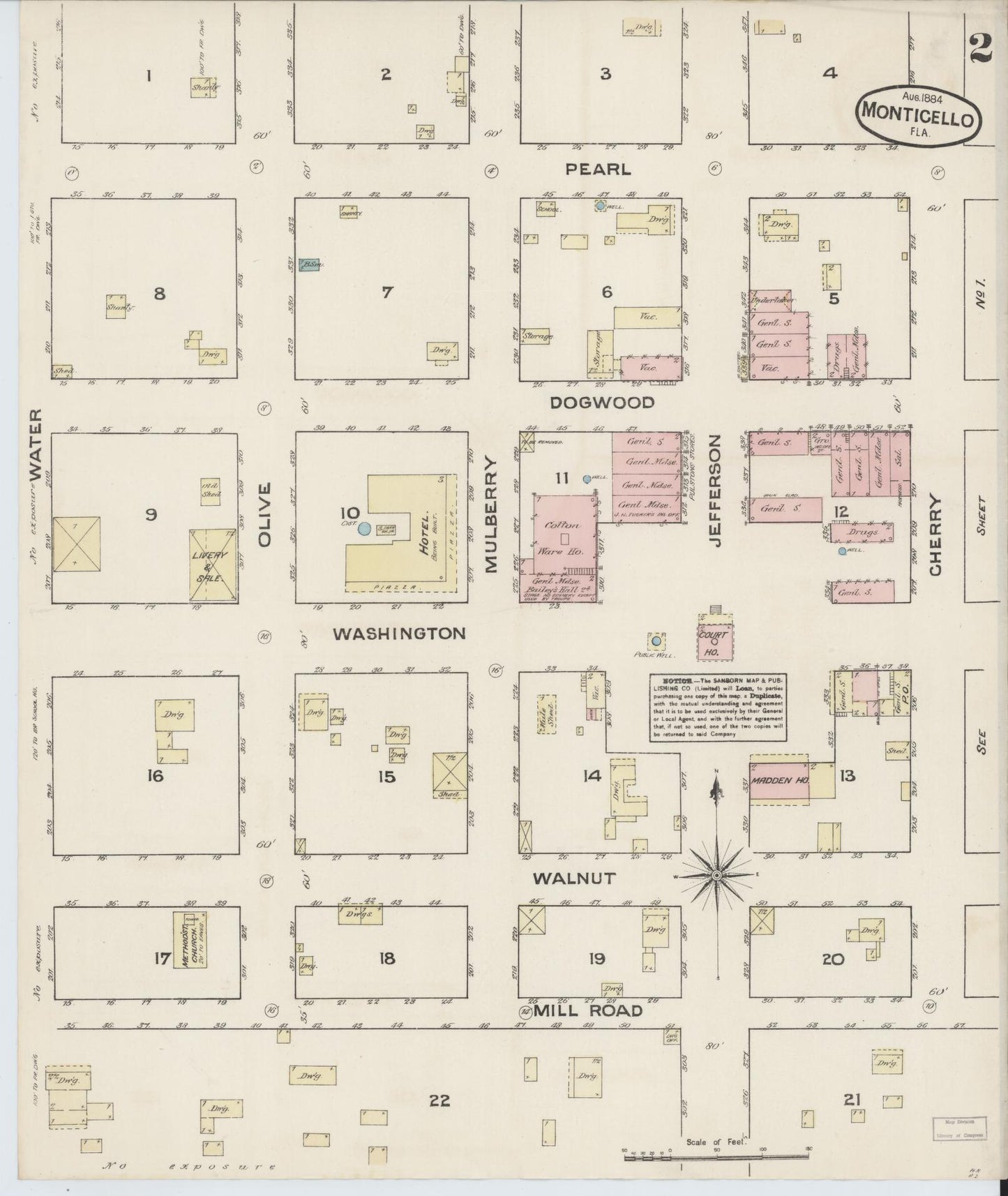 Sanborn Fire Insurance Map from Monticello, Jefferson County, Florida (1884), Sheet #0002 - Historic Sanborn Fire Insurance Map Print, vintage old map wall art, antique decor, genealogy gift, Florida Florida map