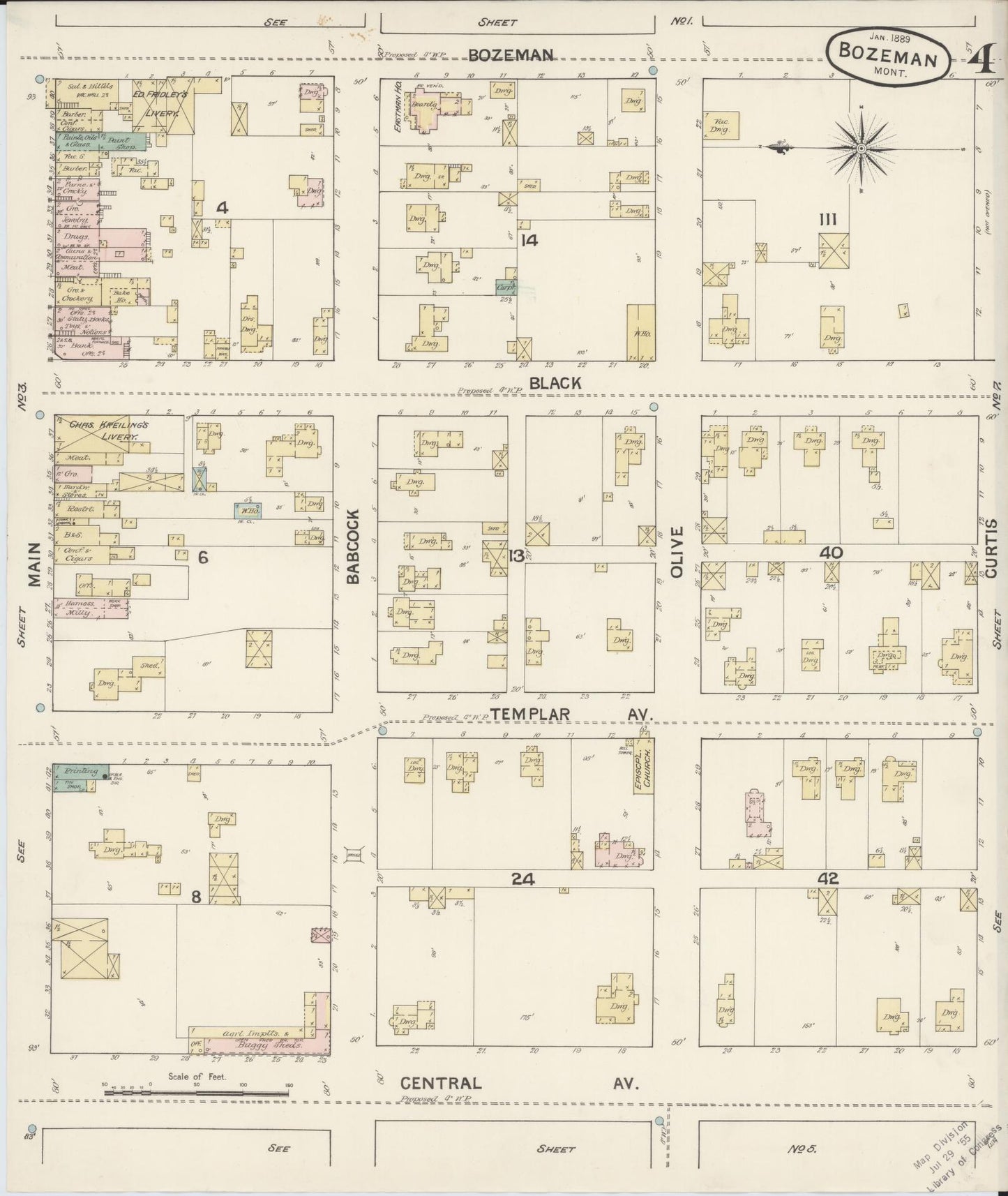 Sanborn Fire Insurance Map from Bozeman, Gallatin County, Montana (1889), Sheet #0004 - Complete Map Set gallery image, historic Sanborn map, vintage wall art, Montana Montana