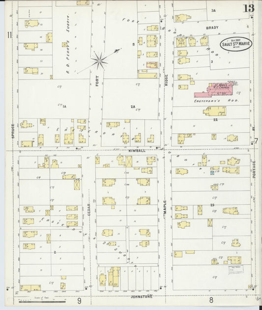 Sanborn Fire Insurance Map from Sault Sainte Marie, Chippewa County, Michigan (1897), Sheet #0013 - Historic Sanborn Fire Insurance Map Print, vintage old map wall art, antique decor, genealogy gift, Michigan Michigan map