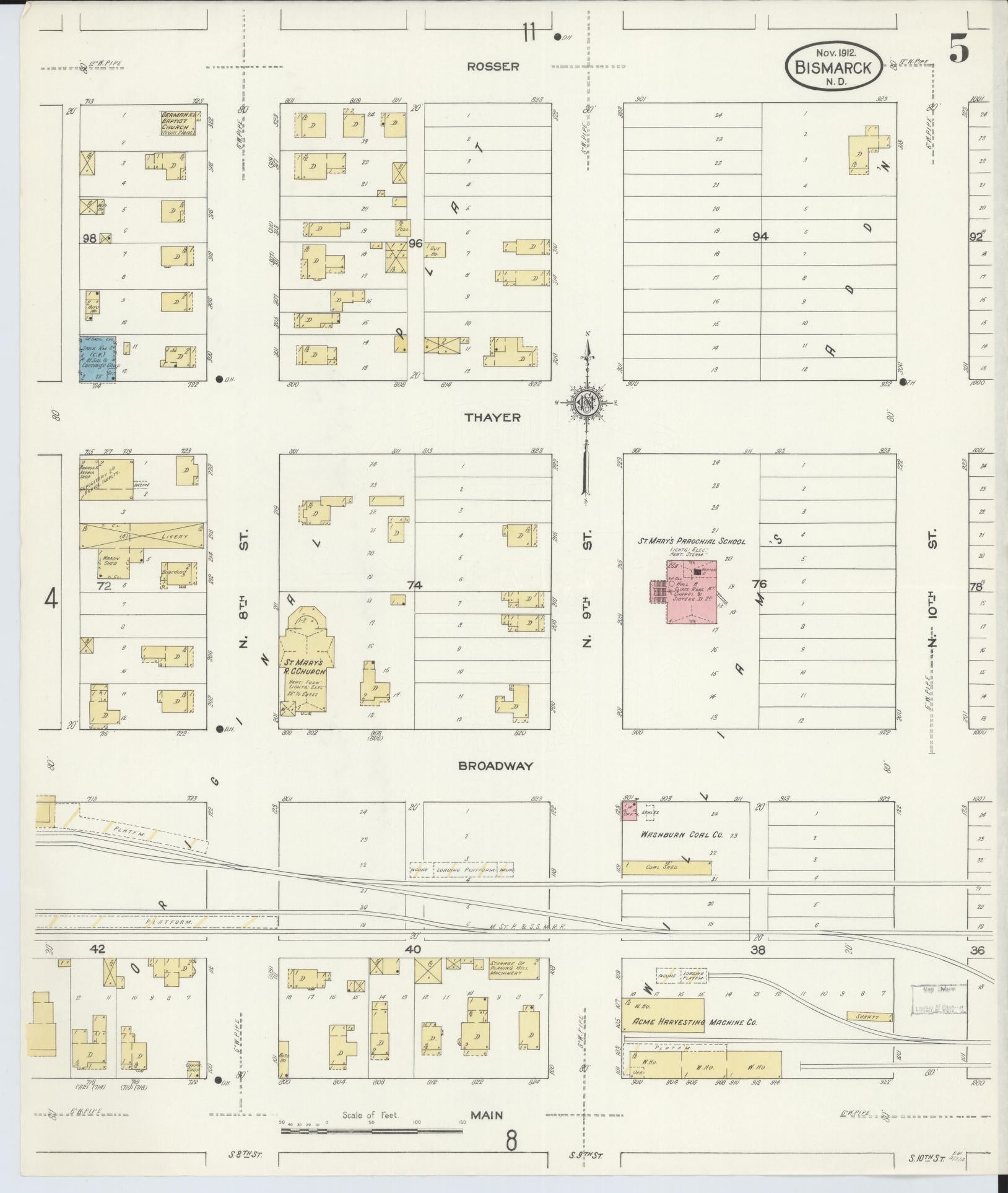 Sanborn Fire Insurance Map from Bismarck, Burleigh County, North Dakota (1912), Sheet #0005 - Historic Sanborn Fire Insurance Map Print, vintage old map wall art, antique decor, genealogy gift, North Dakota North Dakota map