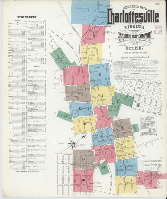 Sanborn Fire Insurance Map from Charlottesville, Independent Cities, Virginia (1907), Sheet #0001 - Historic Sanborn Fire Insurance Map Print, vintage old map wall art, antique decor, genealogy gift, Virginia Virginia map