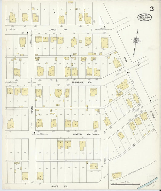 Sanborn Fire Insurance Map from Selma, Dallas County, Alabama (1913), Sheet #0002 - Historic Sanborn Fire Insurance Map Print, vintage old map wall art, antique decor, genealogy gift, Alabama Alabama map