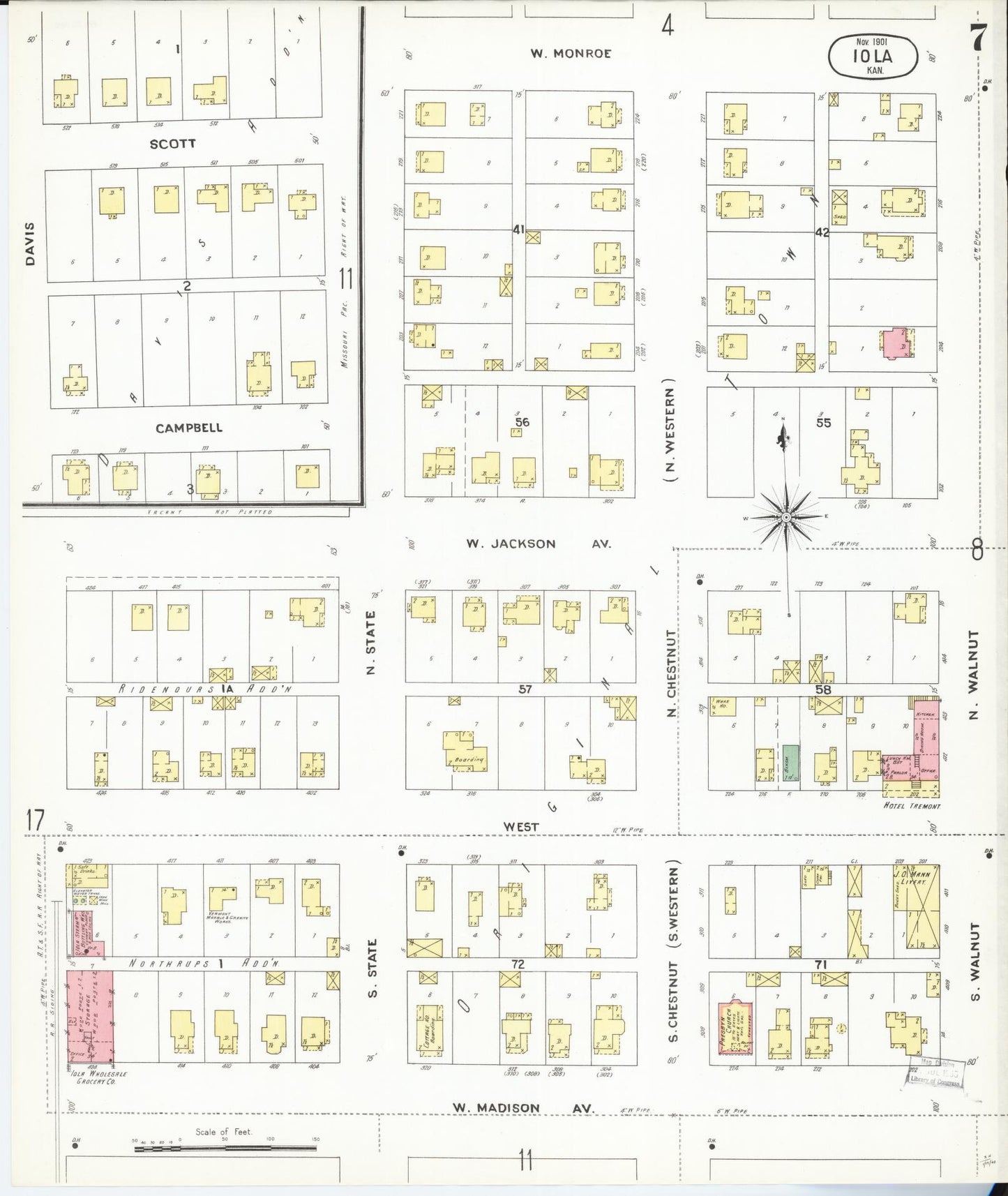 Sanborn Fire Insurance Map from Iola, Allen County, Kansas (1901), Sheet #0007 - Complete Map Set gallery image, historic Sanborn map, vintage wall art, Kansas Kansas