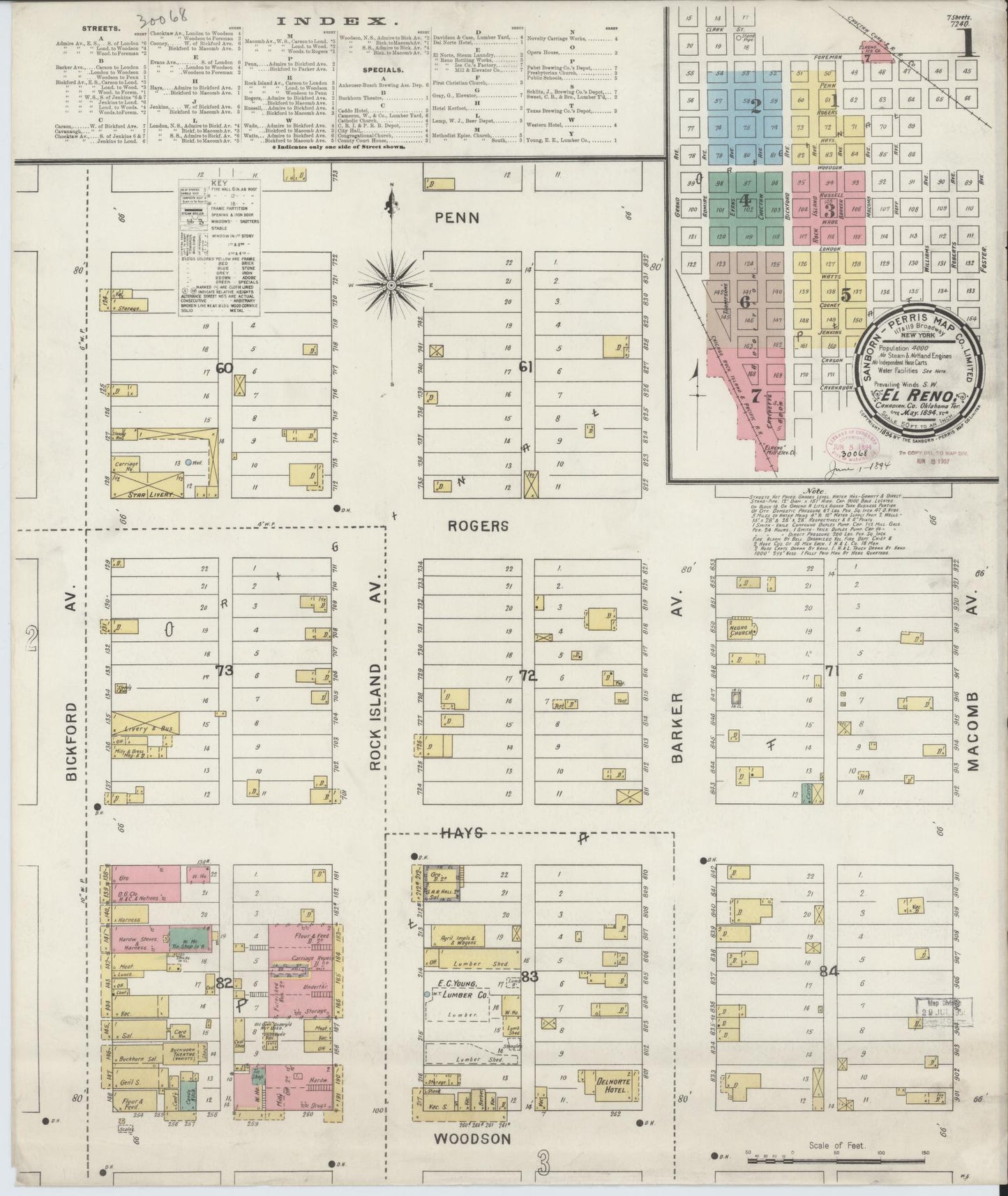 Sanborn Fire Insurance Map from El Reno, Canadian County, Oklahoma (1894), Sheet #0001 - Historic Sanborn Fire Insurance Map Print, vintage old map wall art, antique decor, genealogy gift, Oklahoma Oklahoma map