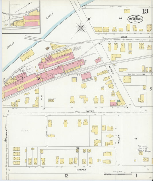 Sanborn Fire Insurance Map from Meadville, Crawford County, Pennsylvania (1905), Sheet #0013 - Historic Sanborn Fire Insurance Map Print, vintage old map wall art, antique decor, genealogy gift, Pennsylvania Pennsylvania map