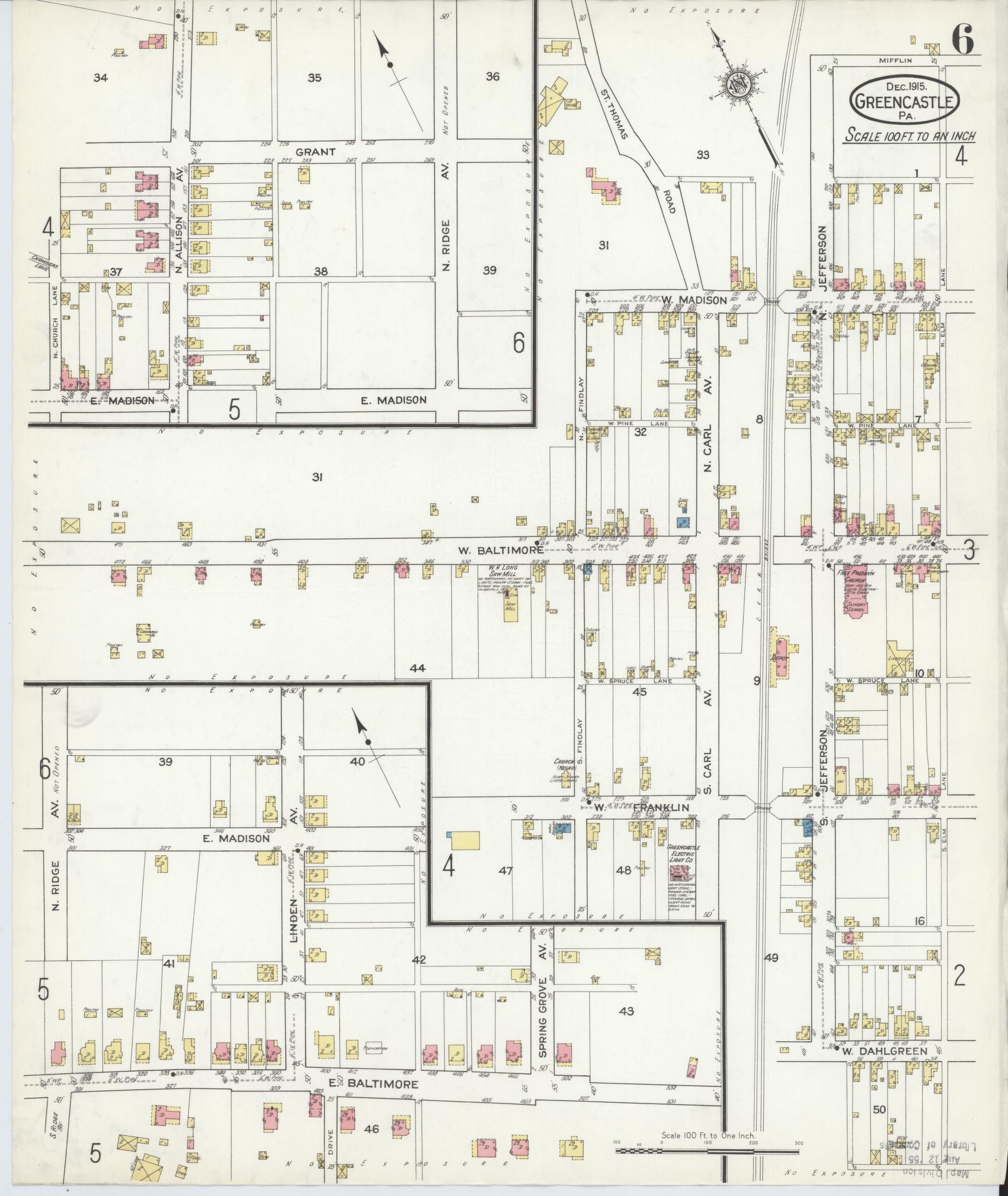 Sanborn Fire Insurance Map from Greencastle, Franklin County, Pennsylvania (1915), Sheet #0006 - Historic Sanborn Fire Insurance Map Print, vintage old map wall art, antique decor, genealogy gift, Pennsylvania Pennsylvania map