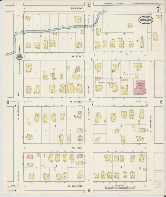 Sanborn Fire Insurance Map from Urbana, Champaign County, Illinois (1915), Sheet #0007 - Historic Sanborn Fire Insurance Map Print, vintage old map wall art, antique decor, genealogy gift, Illinois Illinois map