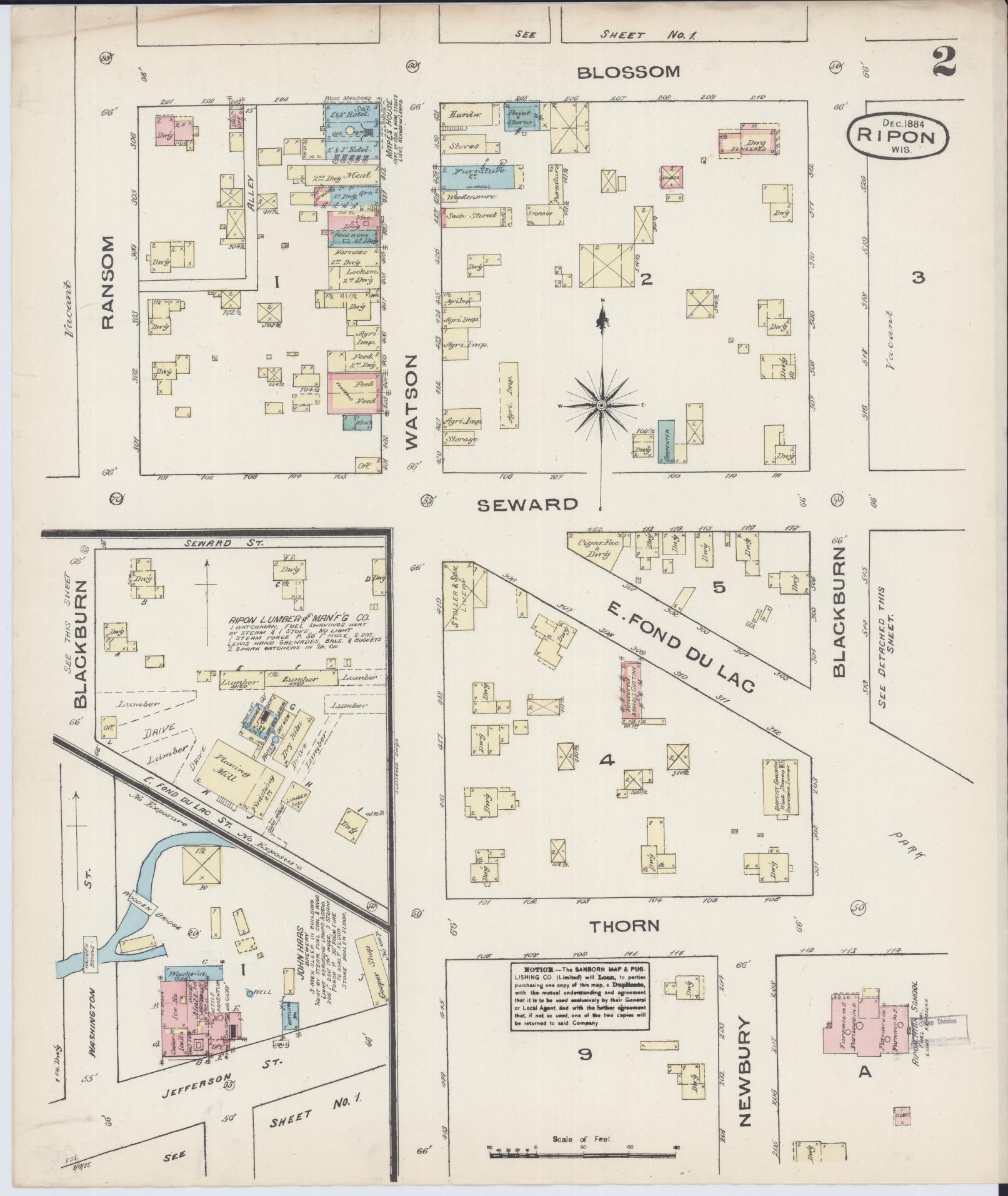 Sanborn Fire Insurance Map from Ripon, Fond du Lac County, Wisconsin (1884), Sheet #0002 - Historic Sanborn Fire Insurance Map Print, vintage old map wall art, antique decor, genealogy gift, Wisconsin Wisconsin map