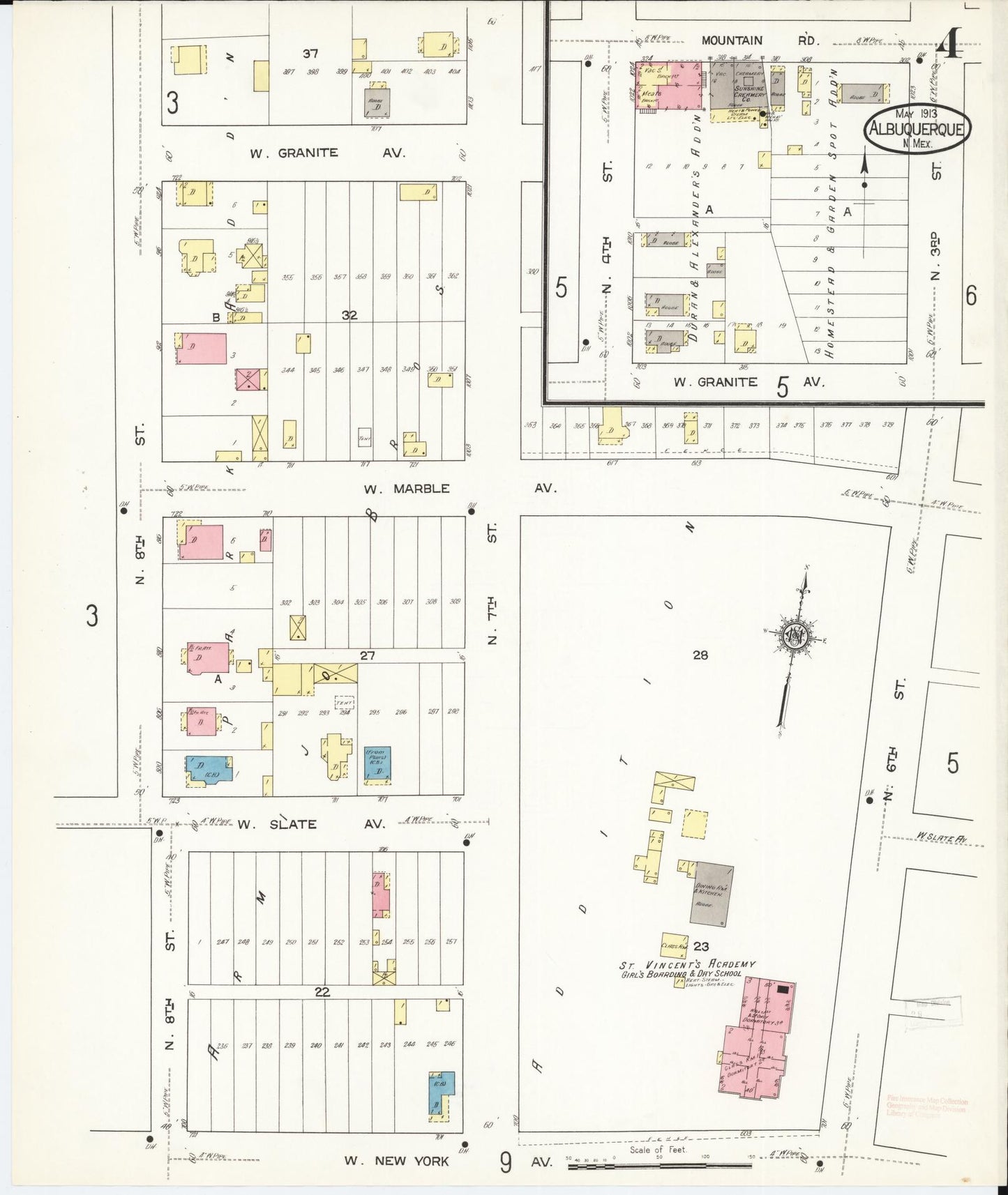 Sanborn Fire Insurance Map from Albuquerque, Bernalillo County, New Mexico (1913), Sheet #0004 - Historic Sanborn Fire Insurance Map Print, vintage old map wall art, antique decor, genealogy gift, New Mexico New Mexico map