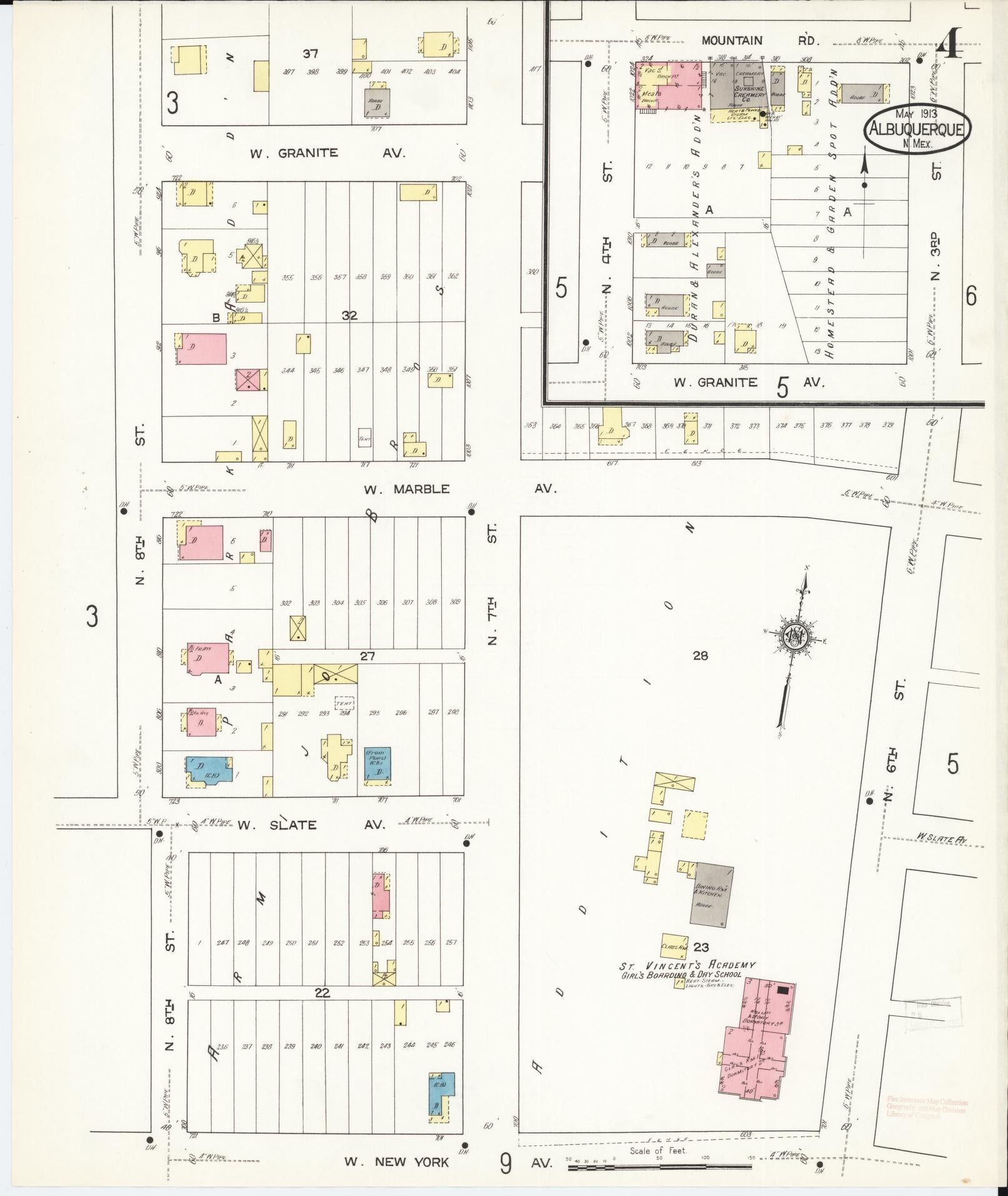 Sanborn Fire Insurance Map from Albuquerque, Bernalillo County, New Mexico (1913), Sheet #0004 - Historic Sanborn Fire Insurance Map Print, vintage old map wall art, antique decor, genealogy gift, New Mexico New Mexico map