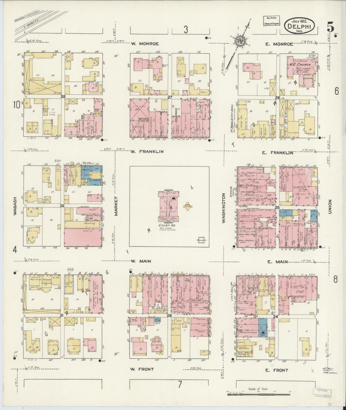 Sanborn Fire Insurance Map from Delphi, Carroll County, Indiana (1912), Sheet #0005 - Historic Sanborn Fire Insurance Map Print, vintage old map wall art, antique decor, genealogy gift, Indiana Indiana map