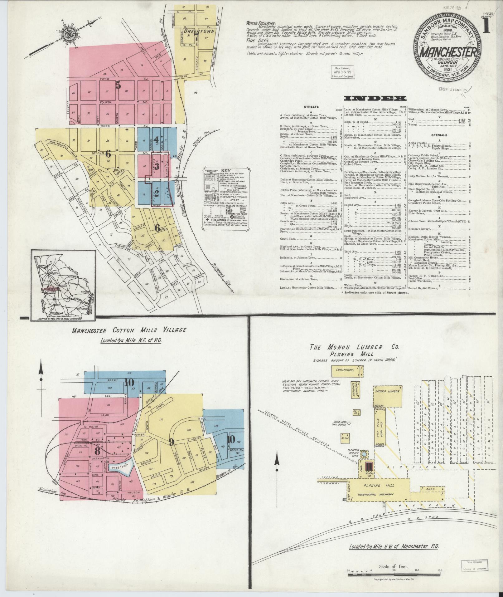 Sanborn Fire Insurance Map from Manchester, Meriweather County, Georgia (1921), Sheet #0001 - Historic Sanborn Fire Insurance Map Print, vintage old map wall art, antique decor, genealogy gift, Georgia Georgia map