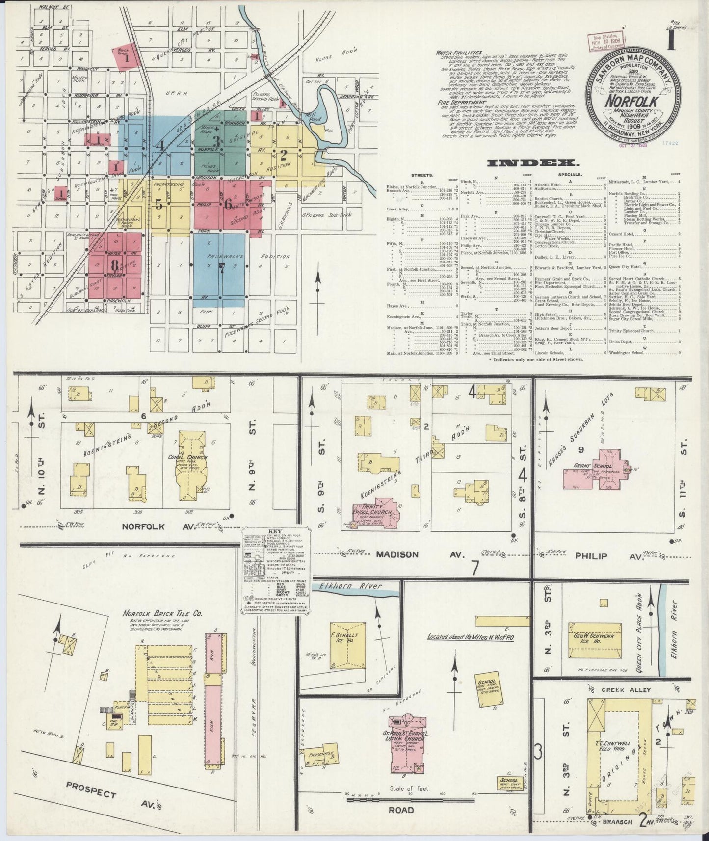 Sanborn Fire Insurance Map from Norfolk, Madison County, Nebraska (1909), Sheet #0001 - Historic Sanborn Fire Insurance Map Print, vintage old map wall art, antique decor, genealogy gift, Nebraska Nebraska map