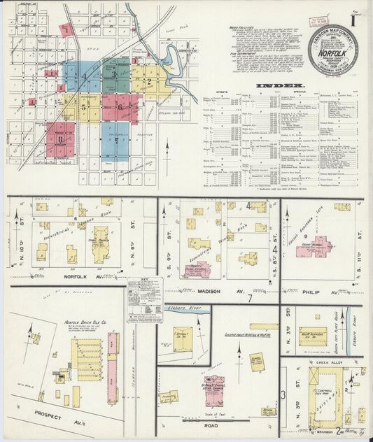 Sanborn Fire Insurance Map from Norfolk, Madison County, Nebraska (1909), Sheet #0001 - Historic Sanborn Fire Insurance Map Print, vintage old map wall art, antique decor, genealogy gift, Nebraska Nebraska map