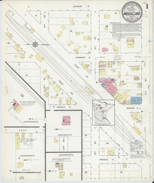 Sanborn Fire Insurance Map from Moose Lake, Carlton County, Minnesota (1914), Sheet #0001 - Historic Sanborn Fire Insurance Map Print, vintage old map wall art, antique decor, genealogy gift, Minnesota Minnesota map