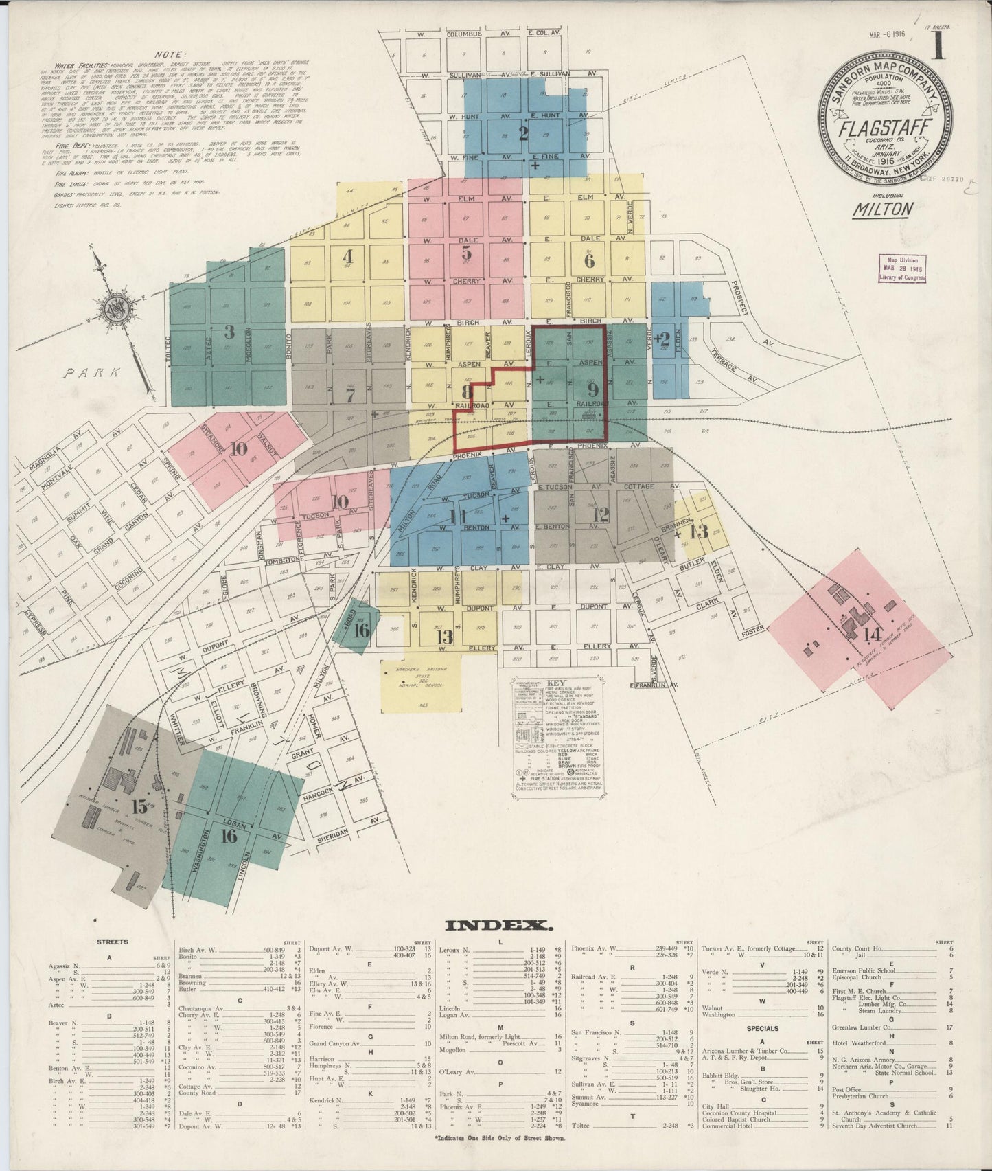 Sanborn Fire Insurance Map from Flagstaff, Coconino County, Arizona (1916), Sheet #0001 - Complete Map Set gallery image, historic Sanborn map, vintage wall art, Arizona Arizona