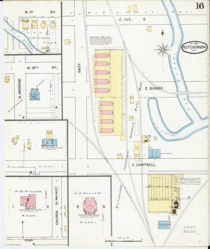Sanborn Fire Insurance Map from Hutchinson, Reno County, Kansas (1892), Sheet #0016 - Complete Map Set gallery image, historic Sanborn map, vintage wall art, Kansas Kansas