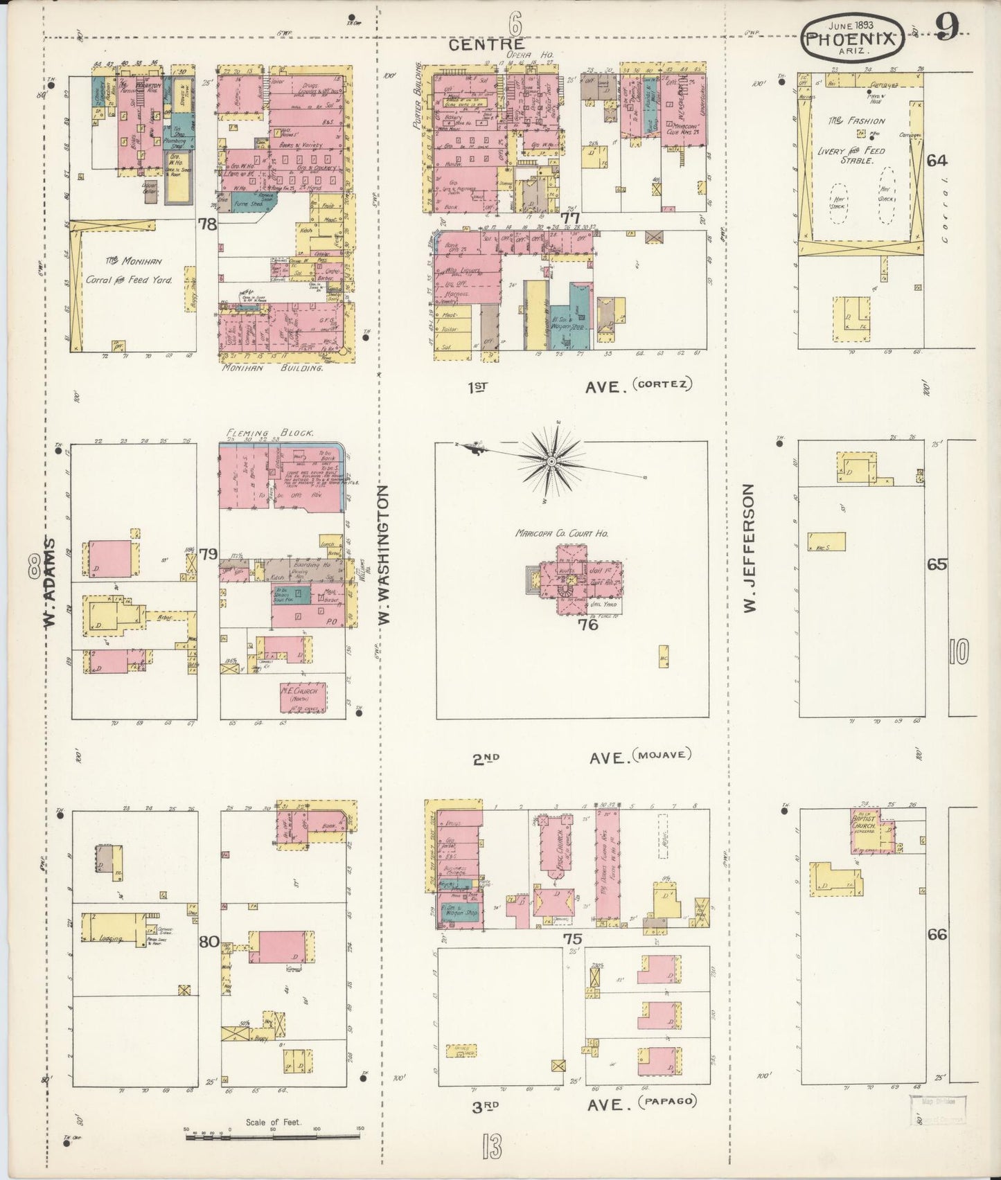Sanborn Fire Insurance Map from Phoenix, Maricopa County, Arizona (1893), Sheet #0009 - Historic Sanborn Fire Insurance Map Print, vintage old map wall art, antique decor, genealogy gift, Arizona Arizona map