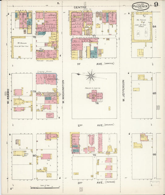 Sanborn Fire Insurance Map from Phoenix, Maricopa County, Arizona (1893), Sheet #0009 - Historic Sanborn Fire Insurance Map Print, vintage old map wall art, antique decor, genealogy gift, Arizona Arizona map