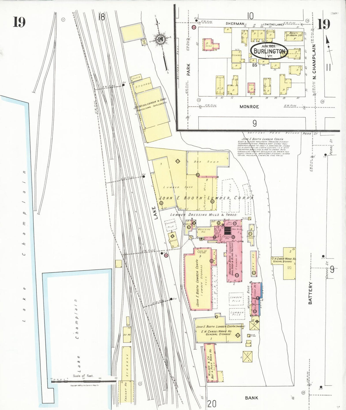 Sanborn Fire Insurance Map from Burlington, Chittenden County, Vermont (1926), Sheet #0019 - Historic Sanborn Fire Insurance Map Print, vintage old map wall art, antique decor, genealogy gift, Vermont Vermont map