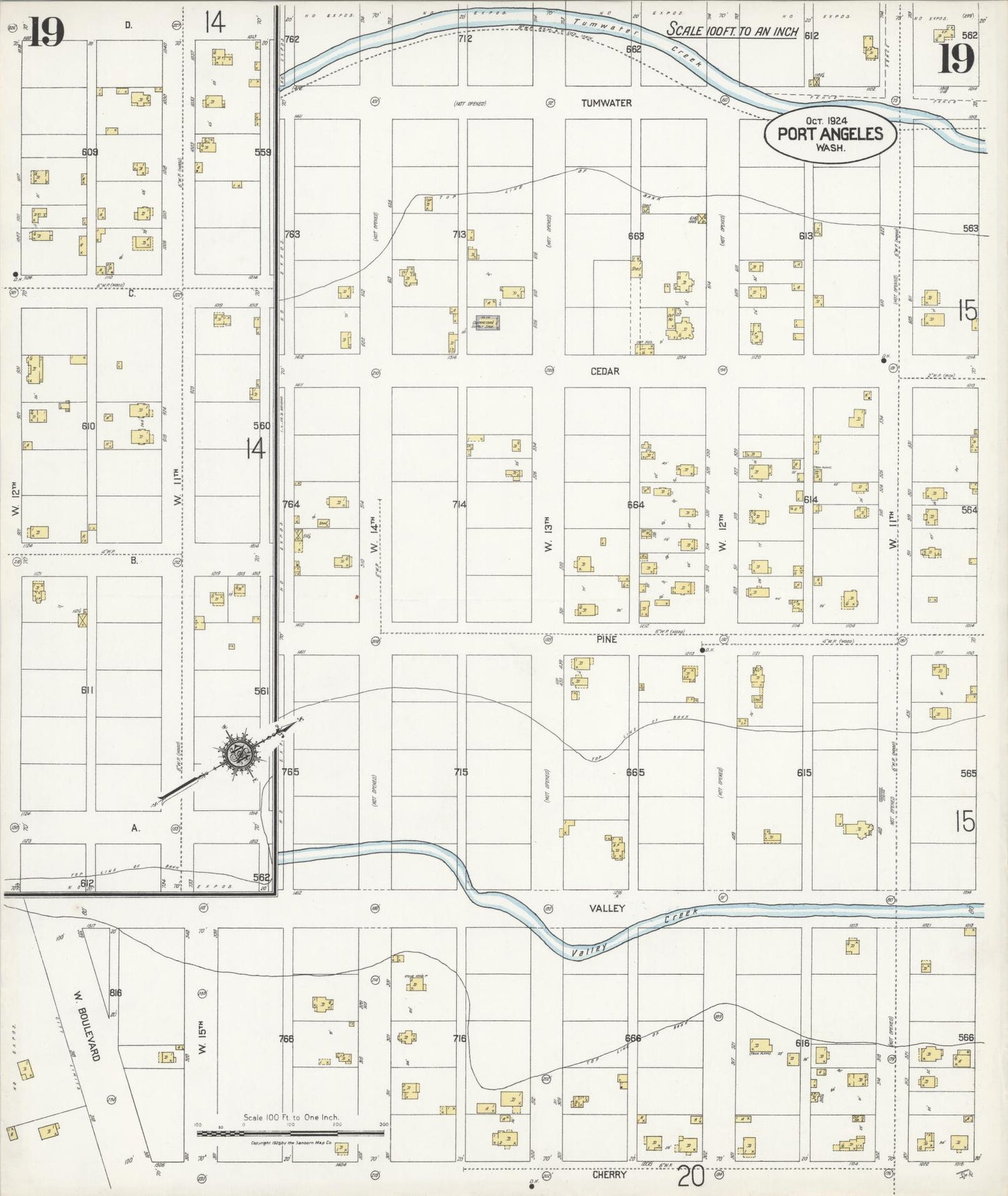 Sanborn Fire Insurance Map from Port Angeles, Clallam County, Washington (1924), Sheet #0019 - Complete Map Set gallery image, historic Sanborn map, vintage wall art, Washington Washington