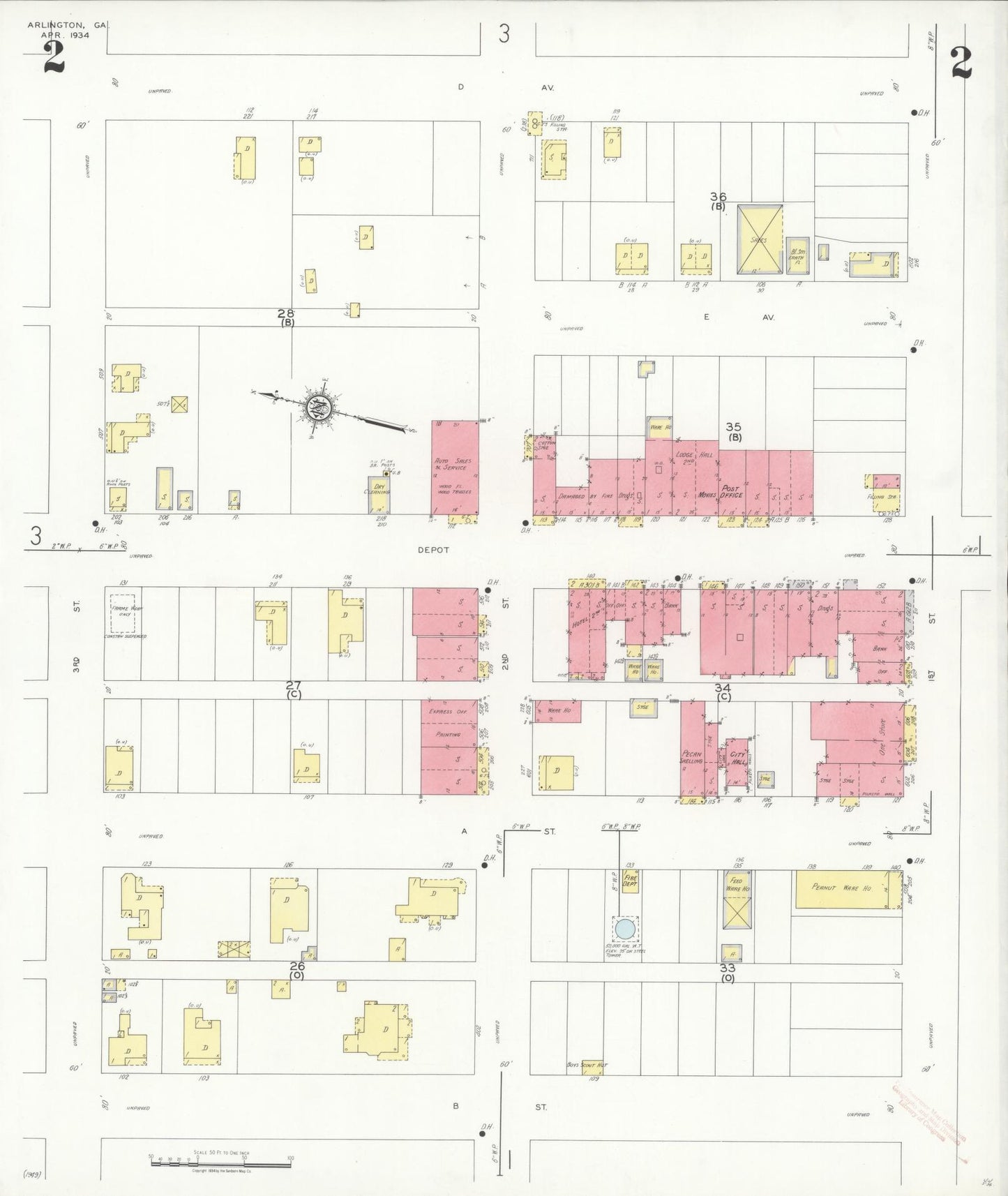 Sanborn Fire Insurance Map from Arlington, Calhoun County And Early County, Georgia (1934), Sheet #0002 - Historic Sanborn Fire Insurance Map Print, vintage old map wall art, antique decor, genealogy gift, Georgia Georgia map