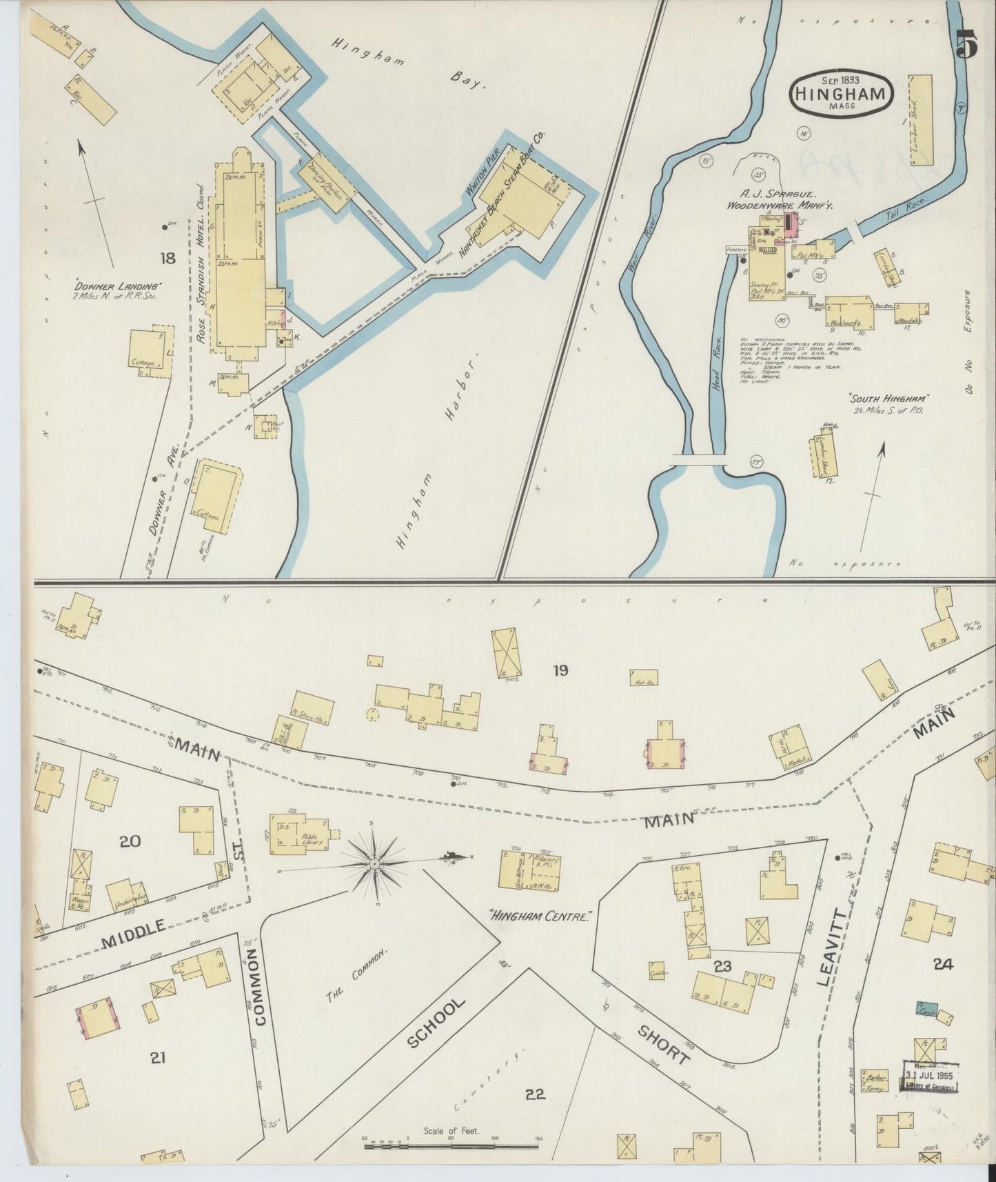 Sanborn Fire Insurance Map from Hingham, Plymouth County, Massachusetts (1893), Sheet #0005 - Historic Sanborn Fire Insurance Map Print, vintage old map wall art, antique decor, genealogy gift, Massachusetts Massachusetts map