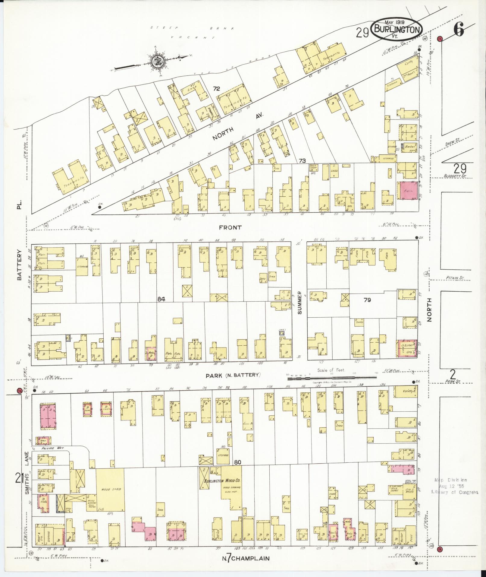 Sanborn Fire Insurance Map from Burlington, Chittenden County, Vermont (1919), Sheet #0006 - Historic Sanborn Fire Insurance Map Print, vintage old map wall art, antique decor, genealogy gift, Vermont Vermont map
